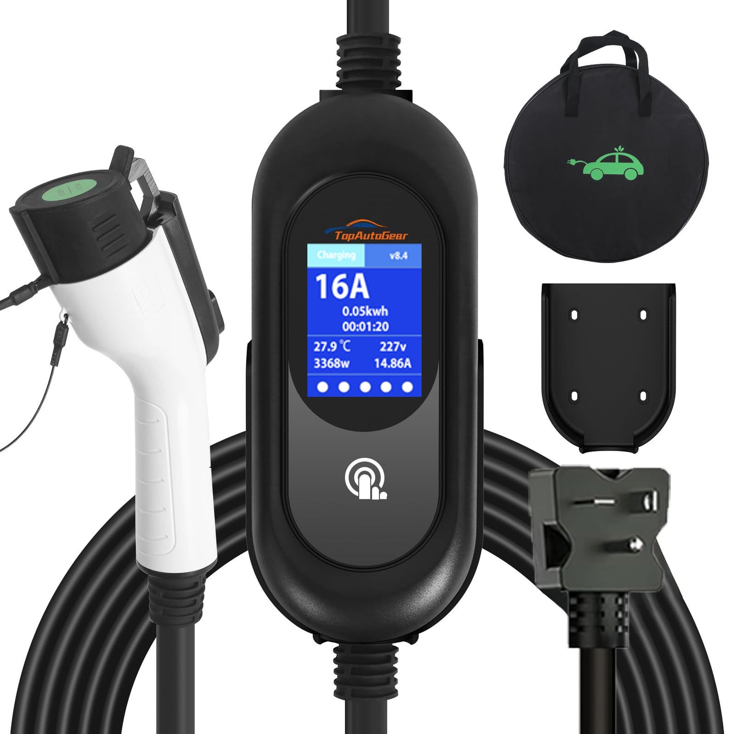 EV Charger Level 1 & 2 16 Amp EV Charging Station Includes NEMA5-15P & 6-20 Plug, Compatible with J1772 Electric Cars Household Travel Travel Portable Charger