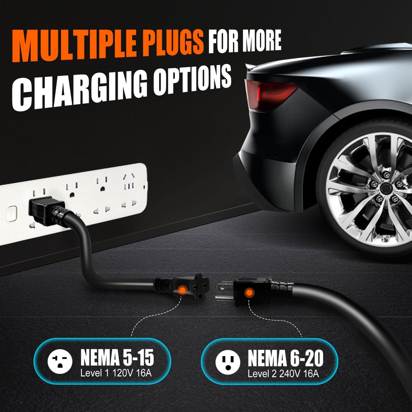 40Ft Cord Electric Vehicle Charger Level 1 & 2 16 Amp EV Charging Station with NEMA5-15P & 6-20 Plug, Compatible with J1772 Electric Cars Household Travel Portable Charger
