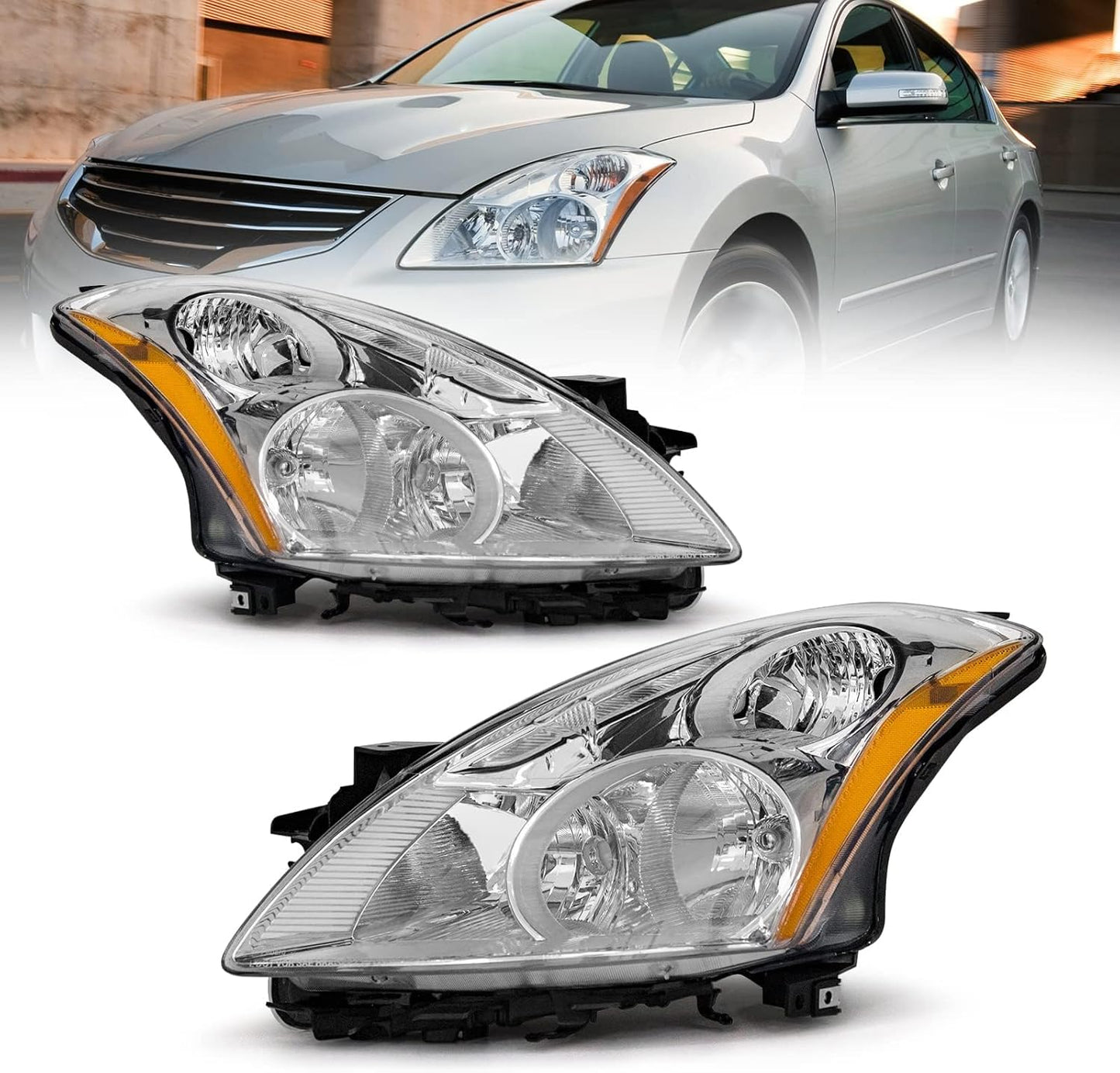 AS Headlight Compatible with 2010 2011 2012 Nissan Altima 4-Door Sedan Headlamp with Chrome Housing Amber Reflector Clear Lens Pair