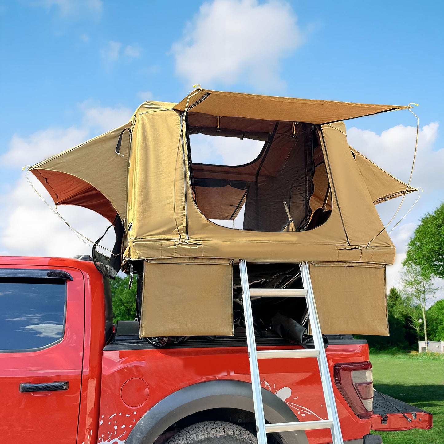 Rooftop Tent, 800D High Density Rip-Stop Waterproof with Telescopic Ladder Thick Mattress & LED Strip Light