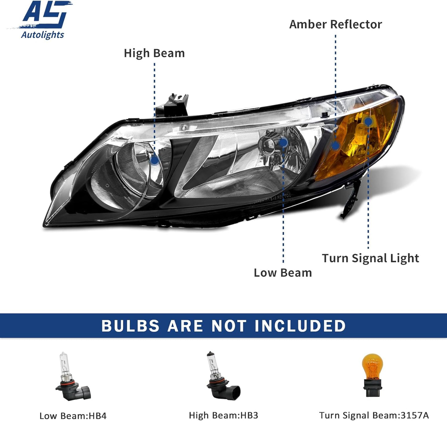 AS Headlight Assembly for 2006 2007 2008 2009 2010 2011 Honda Civic 4 Door Sedan Headlamp with Black Housing Amber Reflector Clear Park Lens Driver and Passenger Side Pair