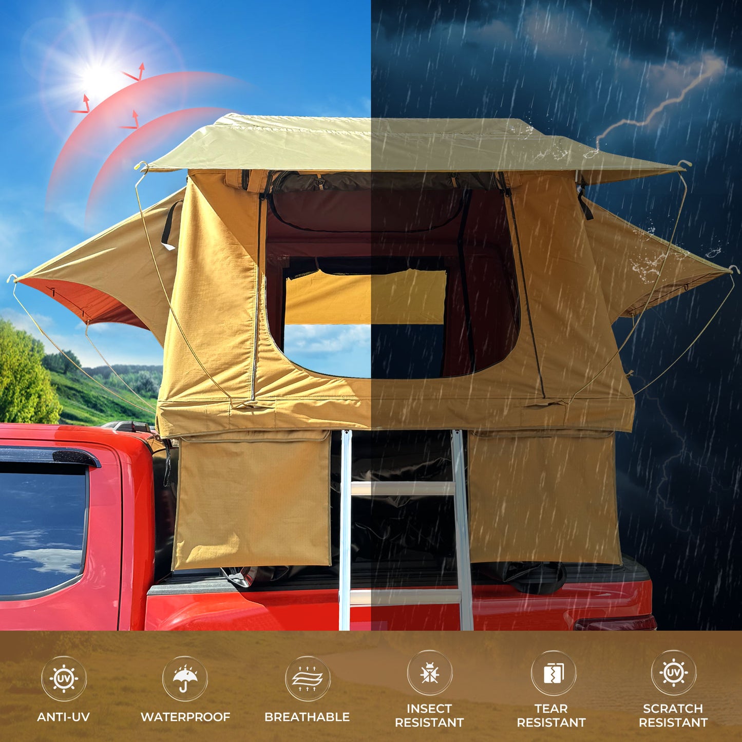 Rooftop Tent, 800D High Density Rip-Stop Waterproof with Telescopic Ladder Thick Mattress & LED Strip Light