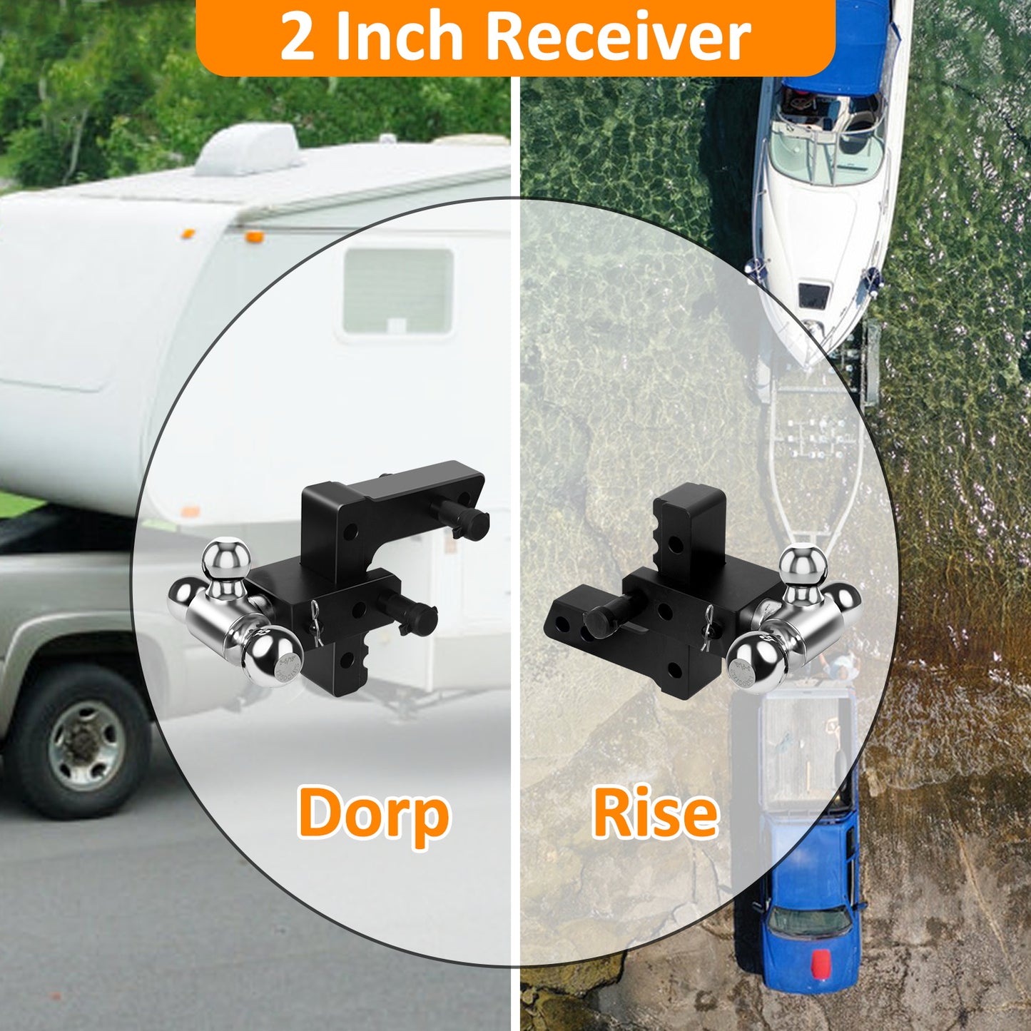 Adjustable Trailer Mount with 2" and 2-5/16" and 1-7/8" Ball, Fit 2 Inch Receiver, 6 Inch Drop/Rise Aluminum Hitch