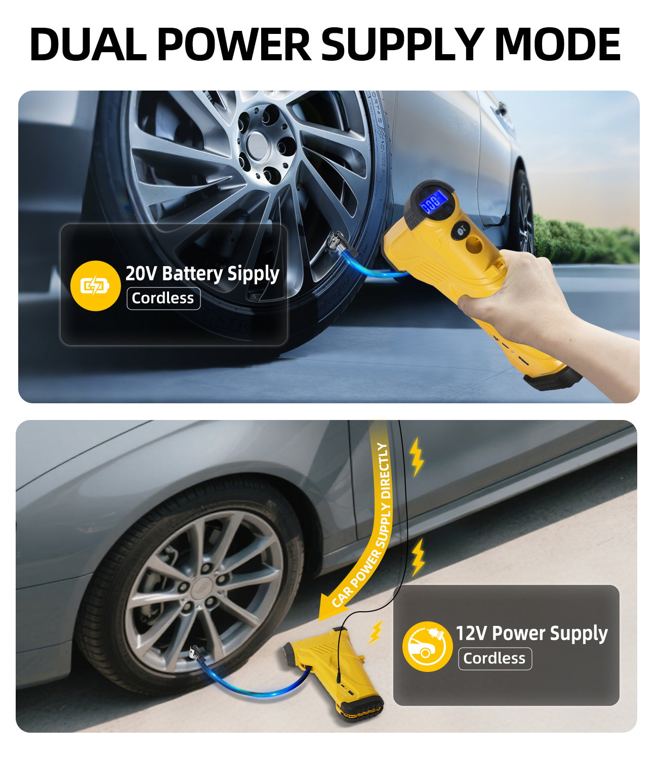 Tire Inflator Portable Air Compressor 150PSI, 20V Battery Supply, 12V Power Supply, Air Pump for Car, Off Road, Truck, Motorcycle, Ball