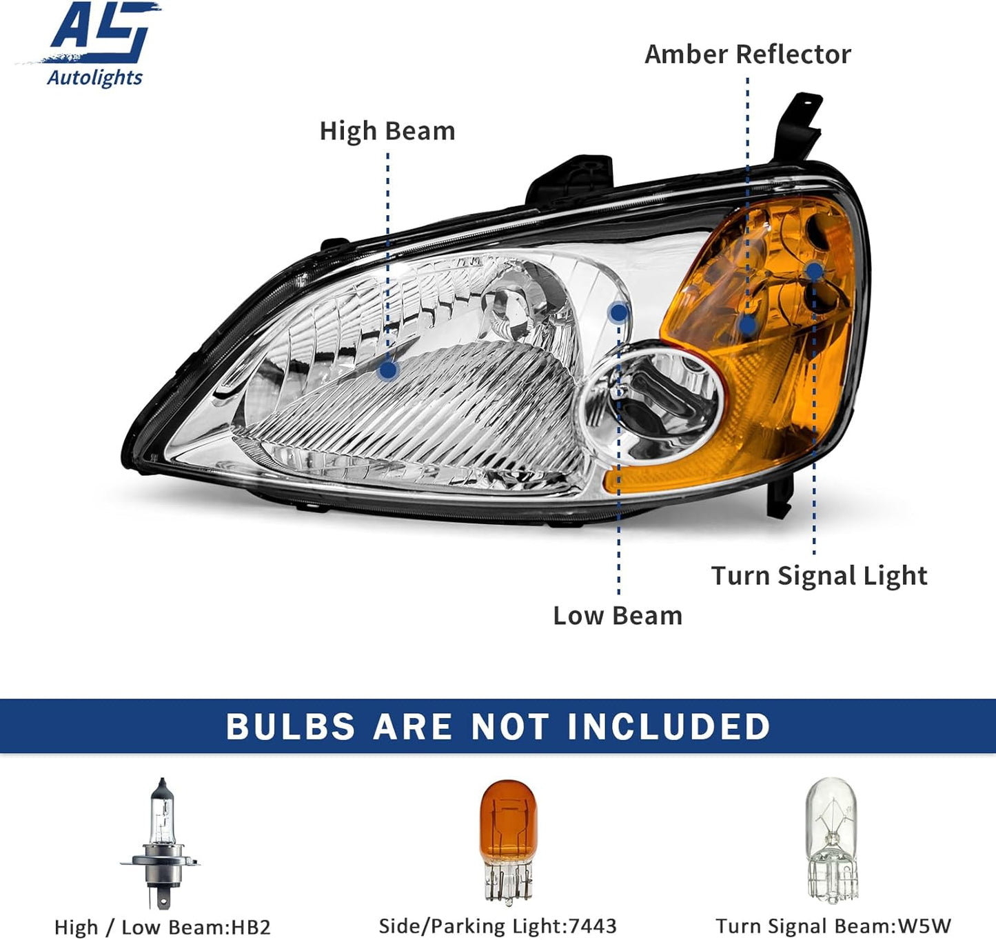 AS Headliaght Assembly Compatible with 01 01 03 2001 2002 2003 Honda Civic Headlamp with Chrome Housing Amber Reflector Driver and Passenger Side
