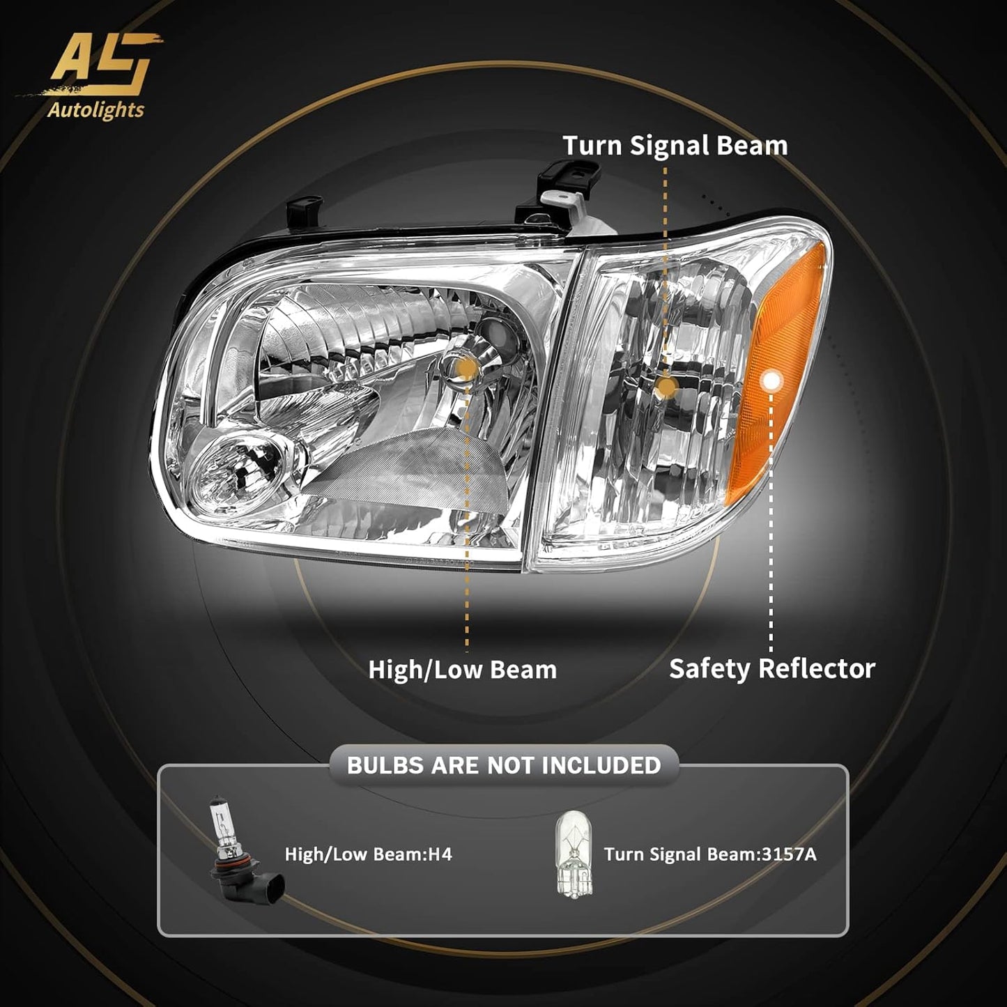 AS Headlight Assembly Compatible with2005 2006 Toyota Tundra Double/Crew Cab and 200-2007 Sequoia Headlamp Chrome Housing Driver and Passenger Side(Not compatible with Regular Cab and Access Cab)