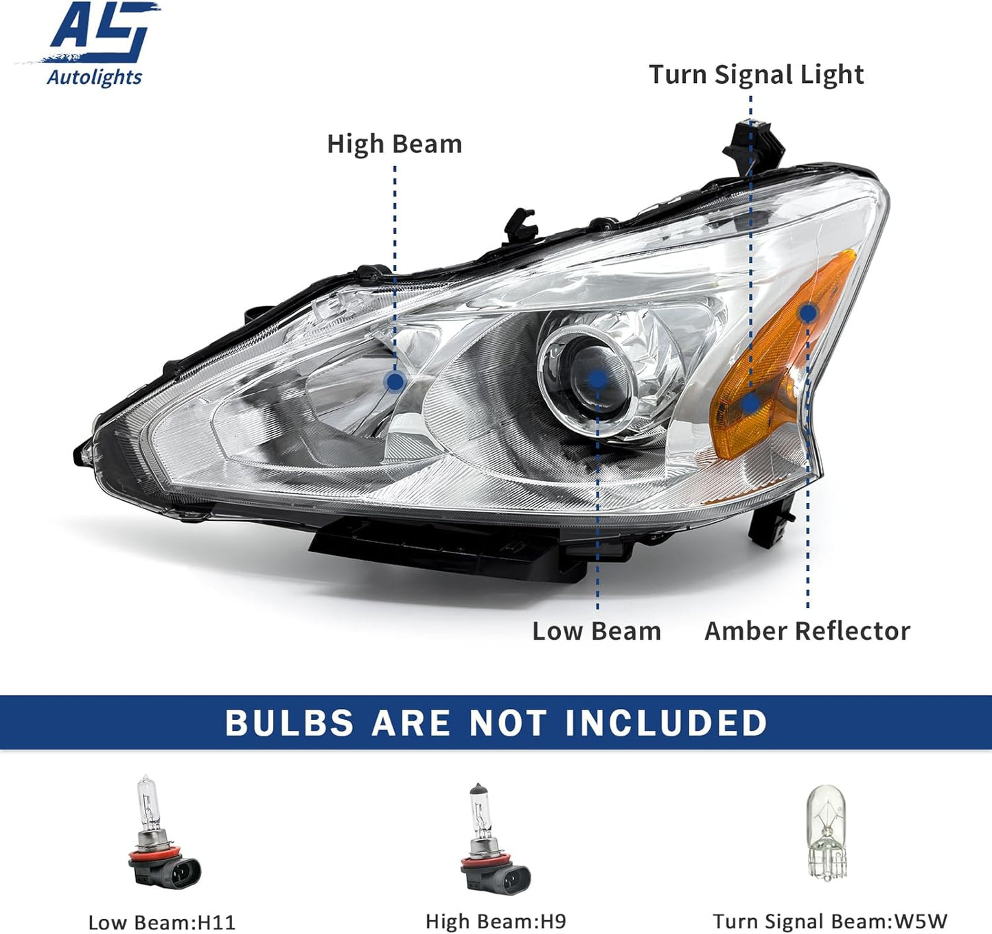 AS AUTOLIGHTS compatible with 2013 2014 2015 Altima Sedan Headlights Assembly Replacement for 13 14 15 Nissan Altima Sedan 4 DOOR with Chrome Housing Amber Reflector Clear Lens
