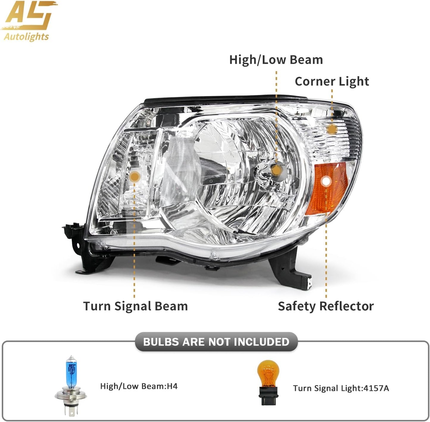 AS For Headlights 2005 2006 2007 2008 2009 2010 2011 Toyota Tacoma Driver and Passenger Side Headlamp Assembly Replacement Chrome Housing Amber Reflector