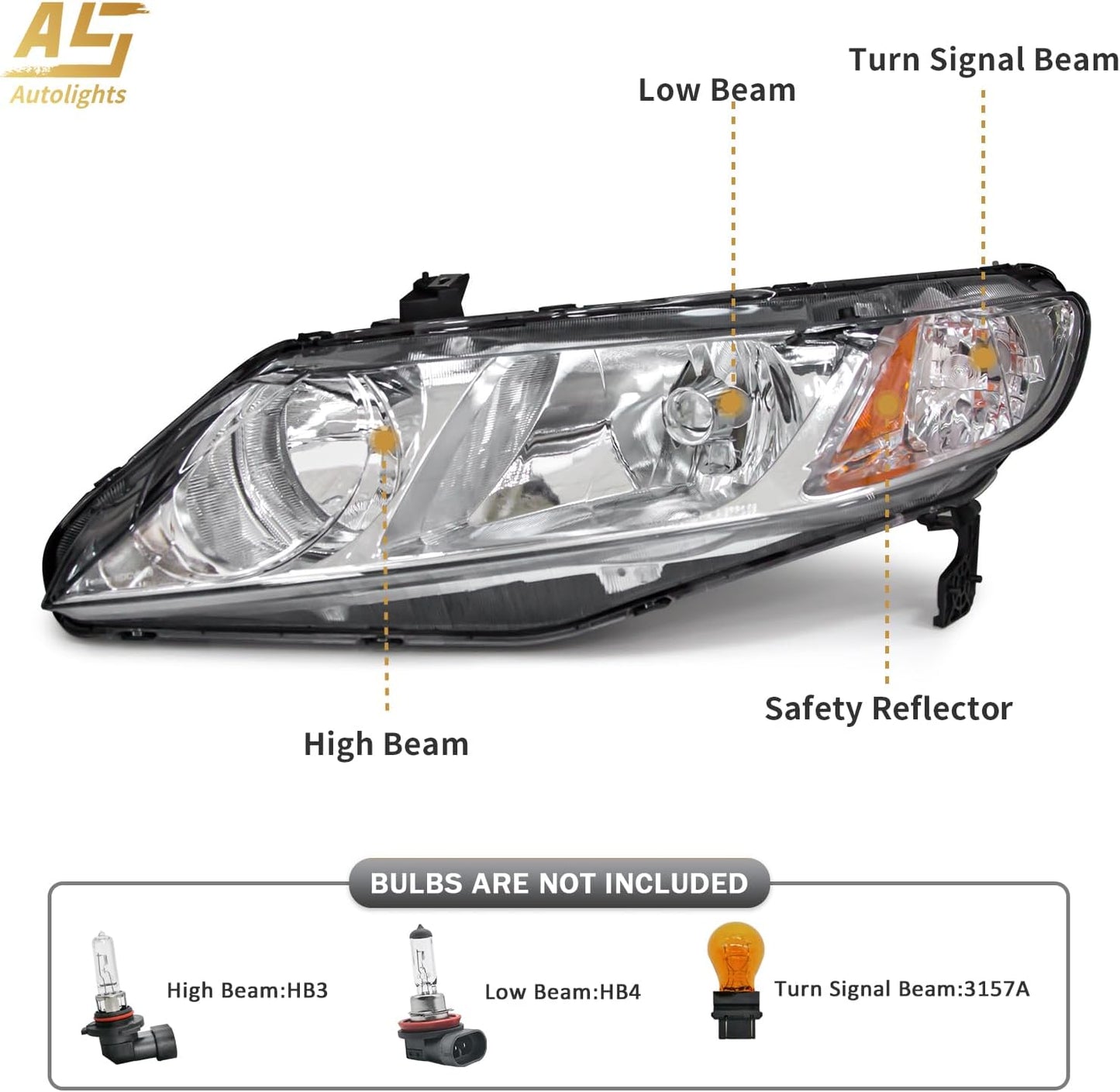 AS Headlight Assembly Compatible with 2006-2011 Honda Civic 4-Door Sedan fit for 2006 2007 2008 2009 2010 2011 Civic 4DR Headlamps Replacement Chrome Housing Amber Reflector