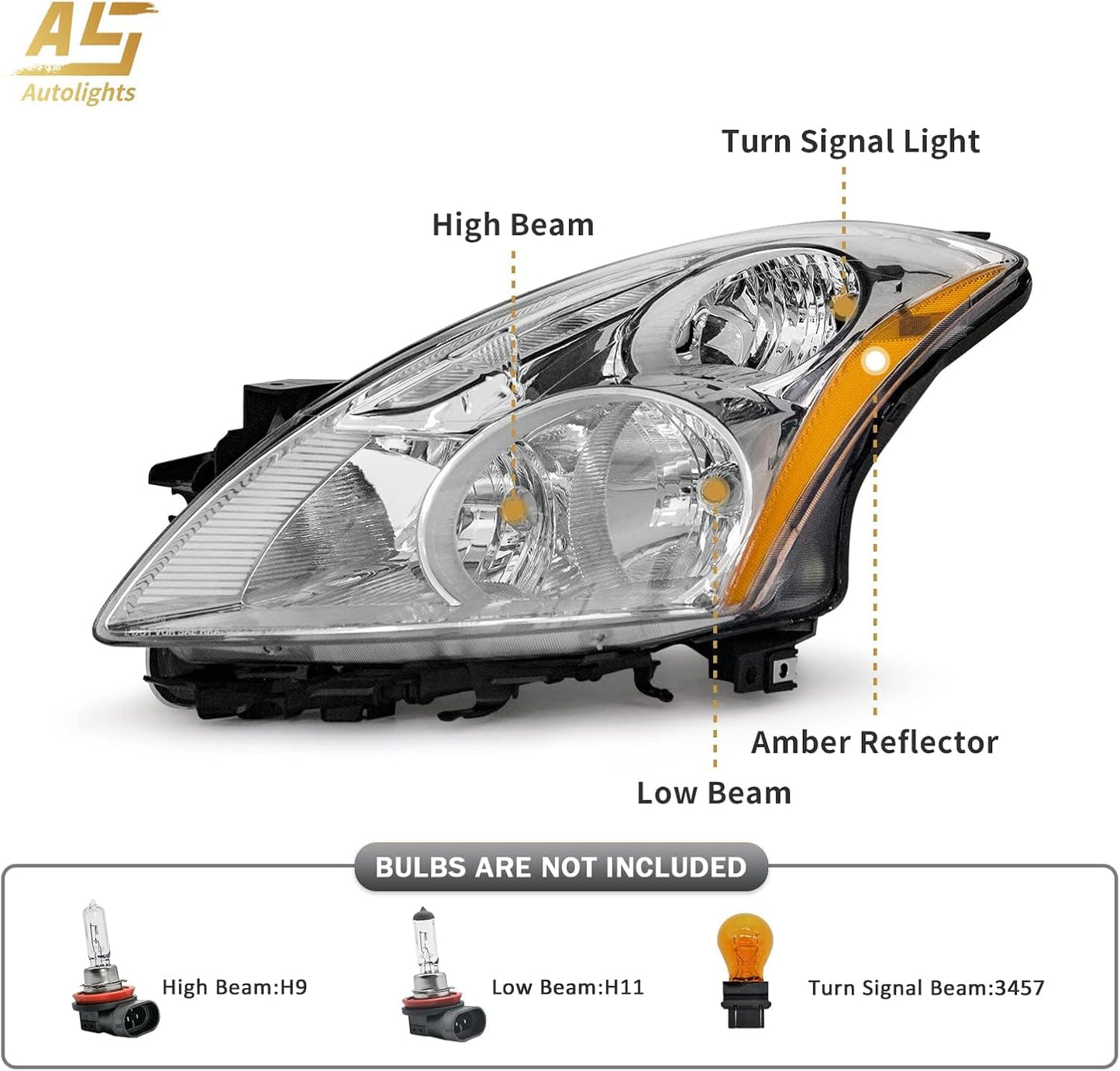 AS Headlight Compatible with 2010 2011 2012 Nissan Altima 4-Door Sedan Headlamp with Chrome Housing Amber Reflector Clear Lens Pair