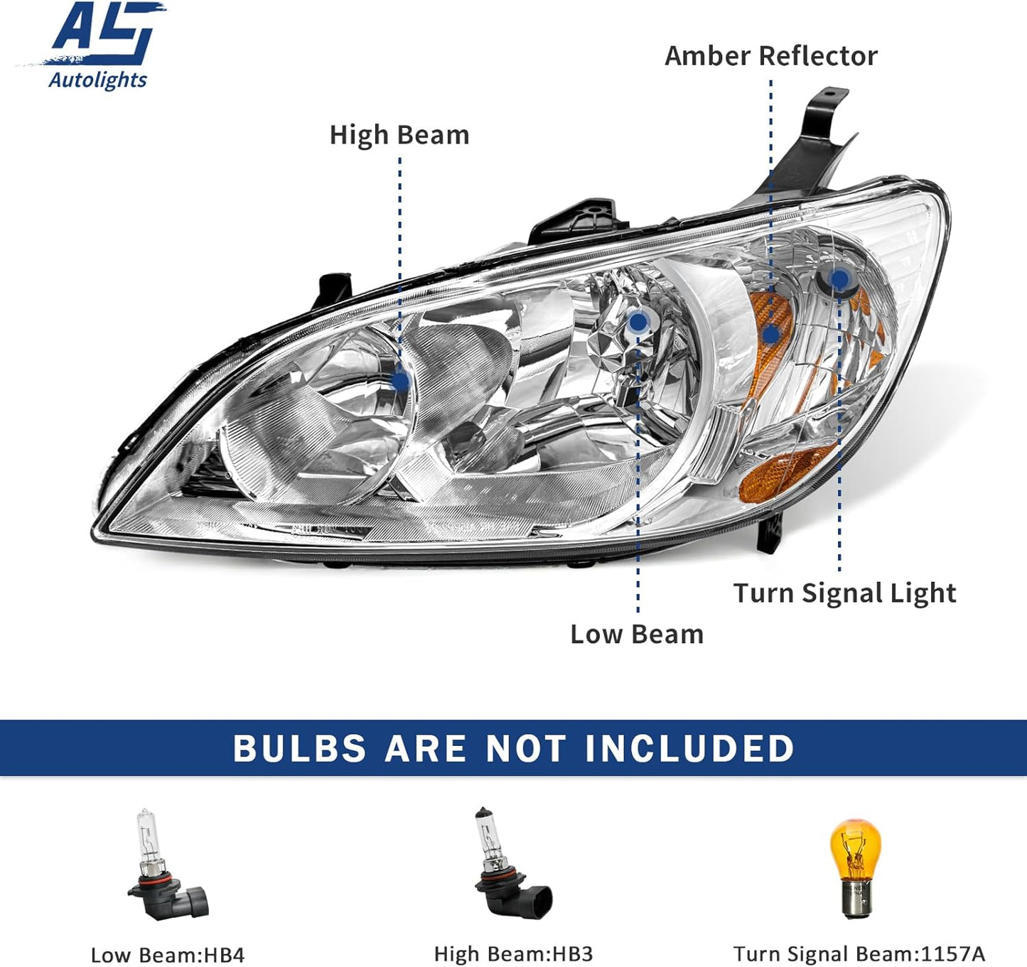 AS Headliaght Assembly Compatible with 04 05 2004 2005 Honda Civic Headlamp with Chrome Housing Amber Reflector Driver and Passenger Side