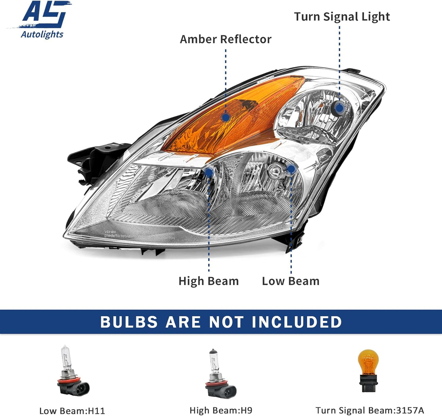 AS Headlight Assembly For 2007 2008 2009 Nissan Altima 4Dr Sedan Headlights With Amber Reflector Headlamp Replacement And Good Sealing,Automotive Headlight Assemblies With Chrome Housing