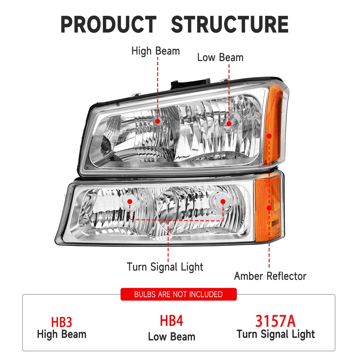 AS Headlight Assembly for 2003 2004 2005 2006 Chevy Silverado/ 03 04 05 06 Avalanche 1500 2500 3500 Headlights Driver and Passenger Side Headlamp Replacement Pair - Not Fits Body Cladding Models