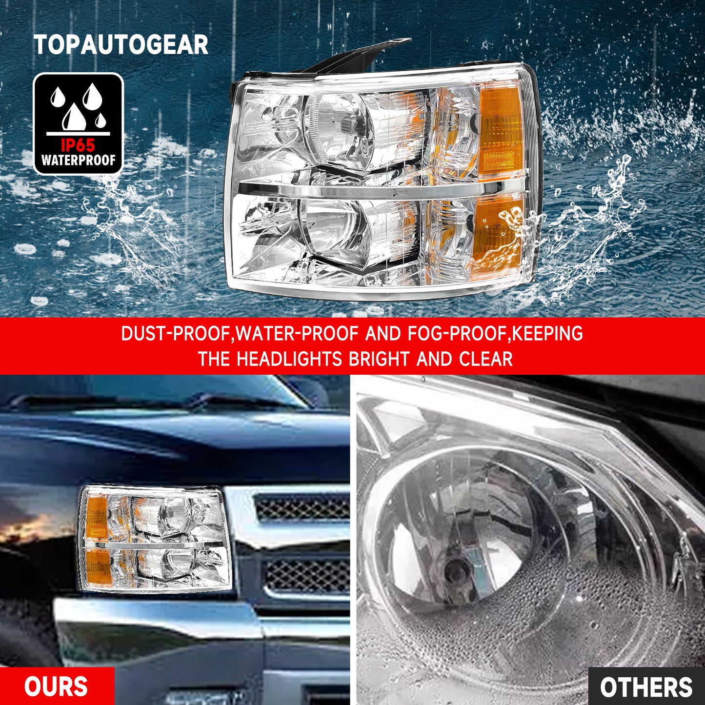 AS Headlight Assembly for 2007-2013 Chevy Silverado 1500/2007 2008 2009 2010 2011 2012 2013 2014 Chevy Silverado 2500HD 3500HD Chrome Housing Amber Reflector Replacement Pair