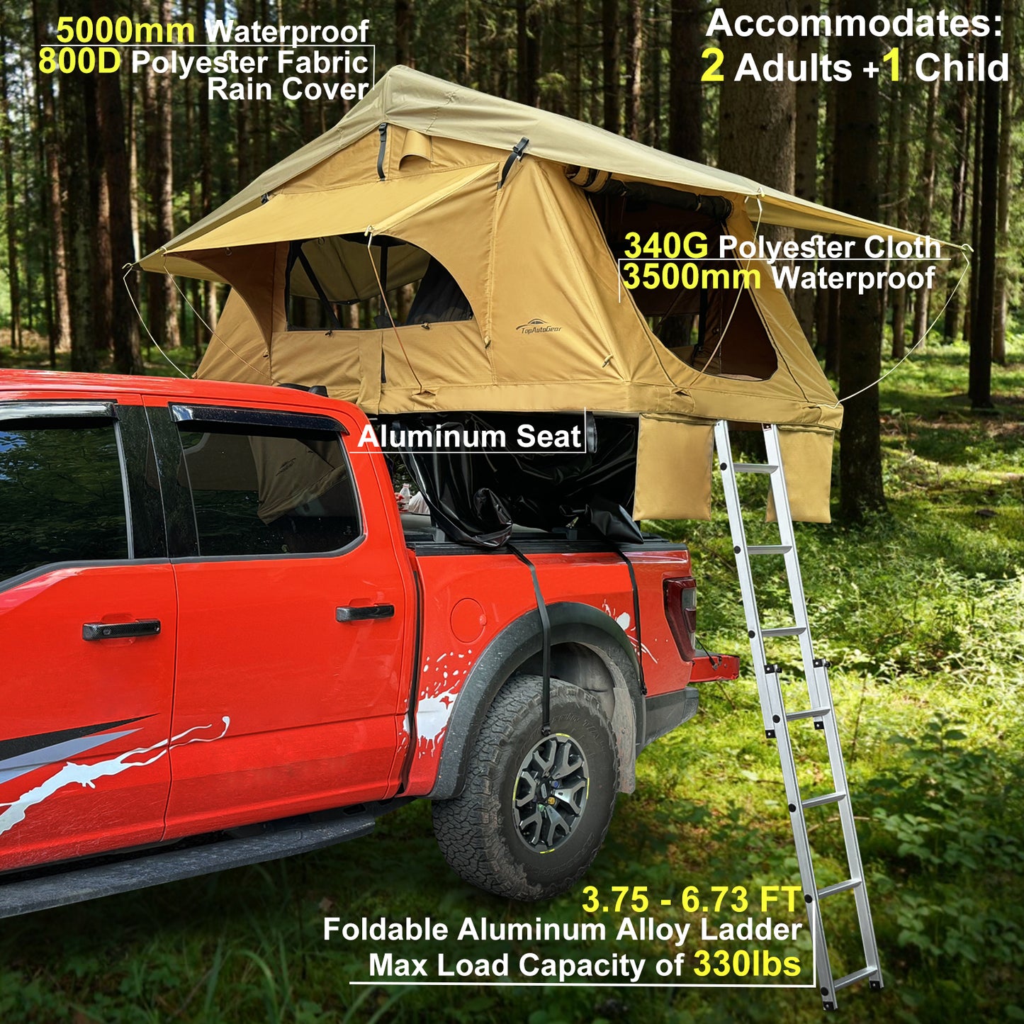 Rooftop Tent for SUV & Truck Camping – 800D Waterproof, Quick-Setup Design with Telescopic Ladder & LED Lighting for 2-3 Person Family Adventures