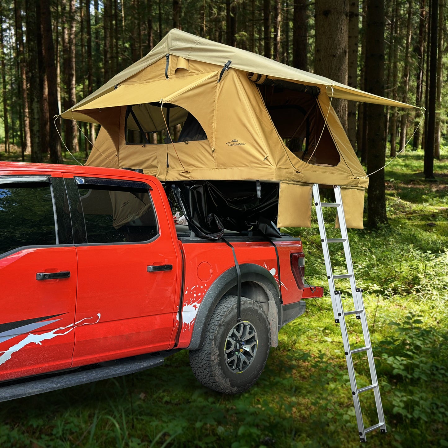 Rooftop Tent, 800D High Density Rip-Stop Waterproof with Telescopic Ladder Thick Mattress & LED Strip Light