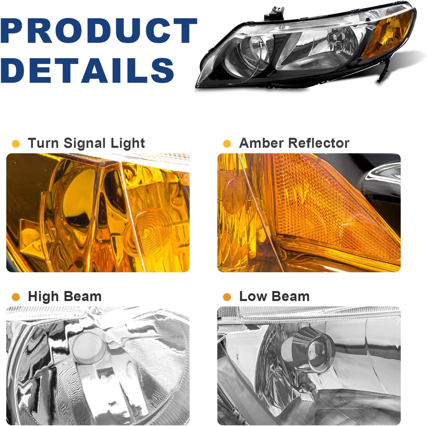 AS Headlight Assembly for 2006 2007 2008 2009 2010 2011 Honda Civic 4 Door Sedan Headlamp with Black Housing Amber Reflector Clear Park Lens Driver and Passenger Side Pair