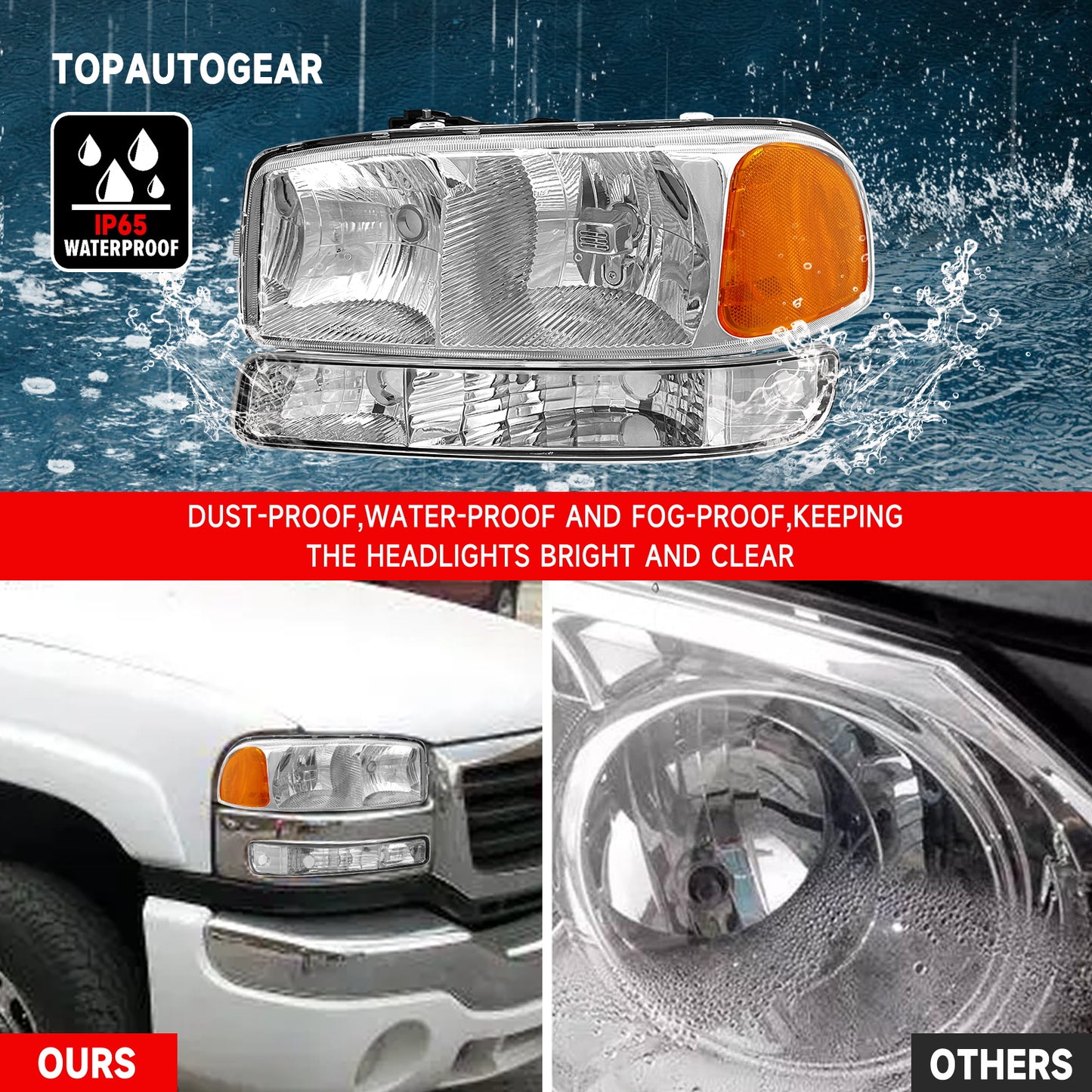 AS Headlights for 1999 2000 2001 2002 2003 2004 2005 2006 GMC Sierra Headlights for 99-06 Sierra 1500/ Sierra 2500 HD/3500 HD with Chrome Housing Amber Reflector Clear Lens Pair
