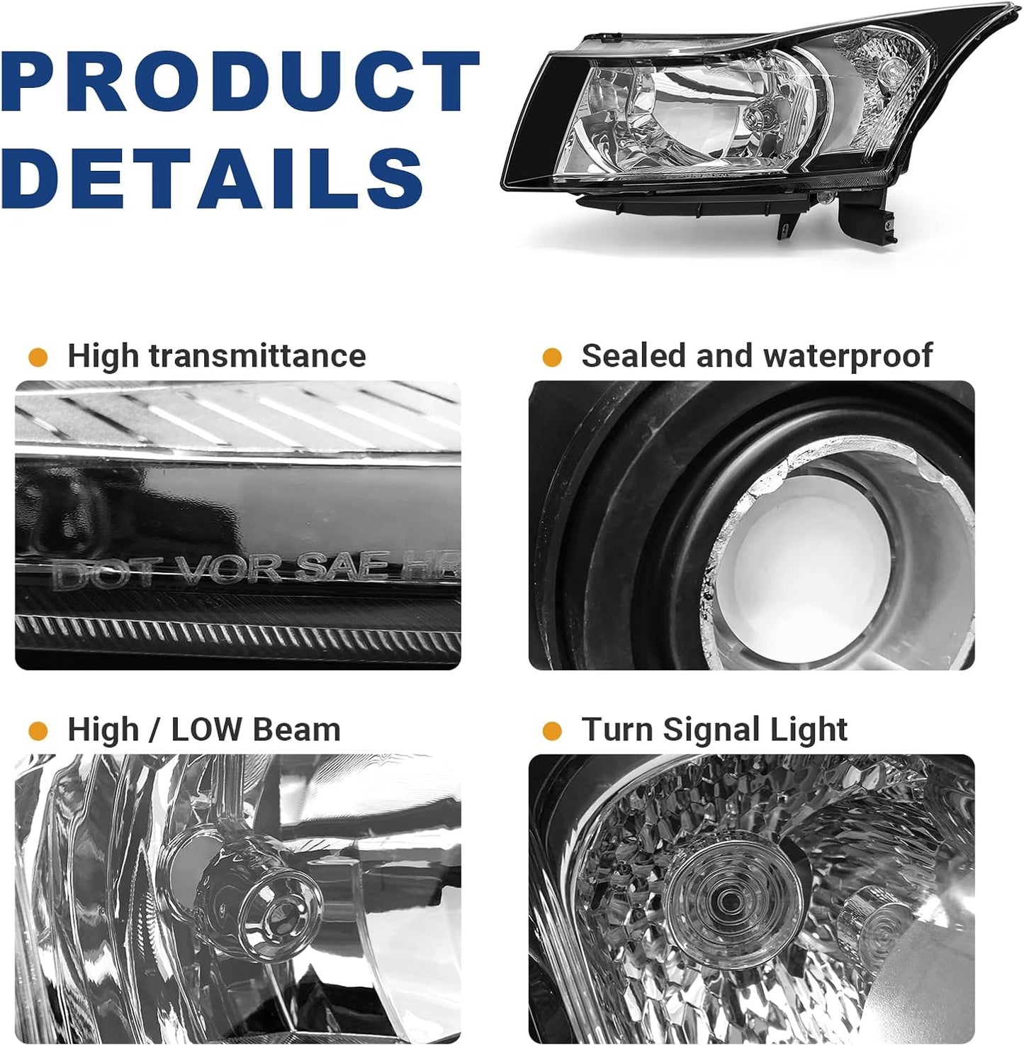 AS Headlight Assembly Compatible with 2011 2012 2013 2014 2015 Chevy Cruze LS/LT/LTZ 2016 Chevrolet Cruze Limited Matte Matte Black Housing Clear Reflector Headlamps