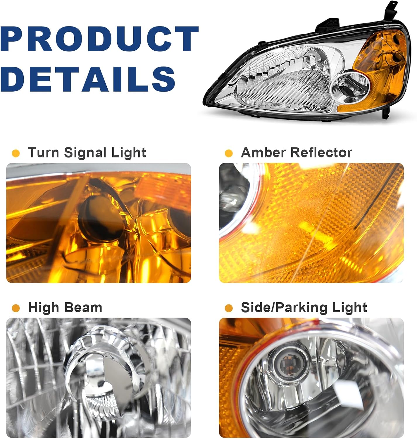 AS Headliaght Assembly Compatible with 01 01 03 2001 2002 2003 Honda Civic Headlamp with Chrome Housing Amber Reflector Driver and Passenger Side