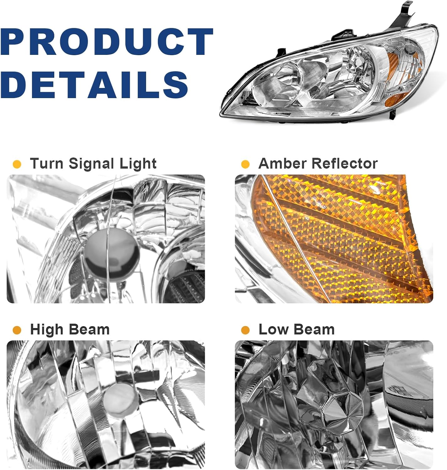 AS Headliaght Assembly Compatible with 04 05 2004 2005 Honda Civic Headlamp with Chrome Housing Amber Reflector Driver and Passenger Side
