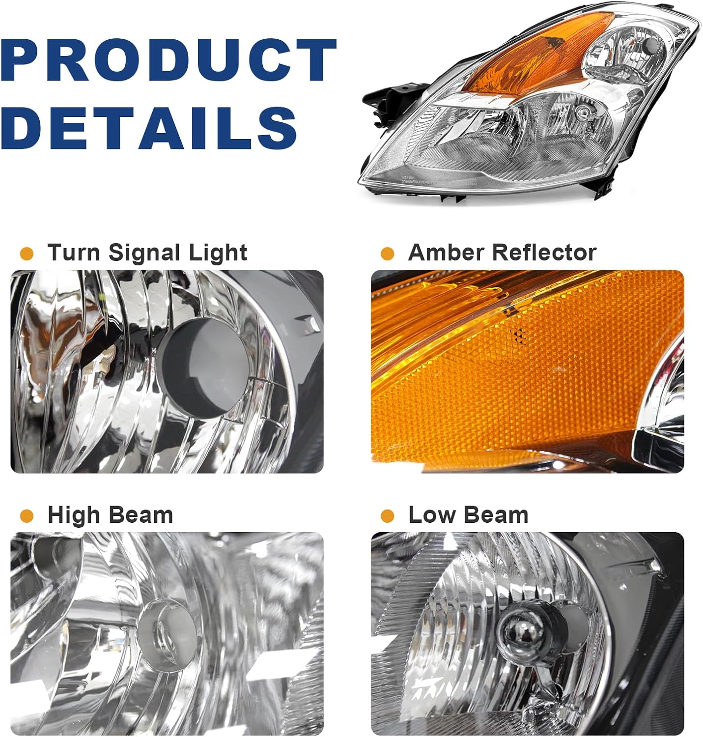 AS Headlight Assembly For 2007 2008 2009 Nissan Altima 4Dr Sedan Headlights With Amber Reflector Headlamp Replacement And Good Sealing,Automotive Headlight Assemblies With Chrome Housing