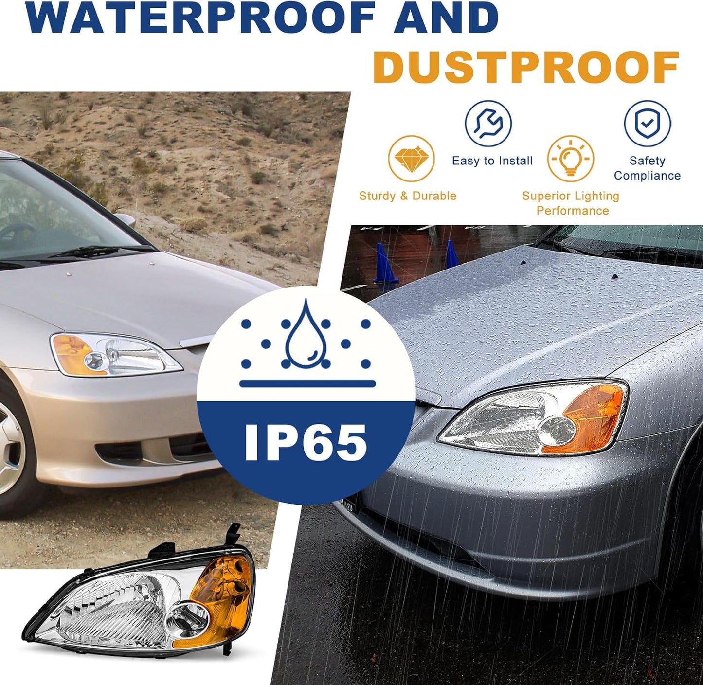 AS Headliaght Assembly Compatible with 01 01 03 2001 2002 2003 Honda Civic Headlamp with Chrome Housing Amber Reflector Driver and Passenger Side