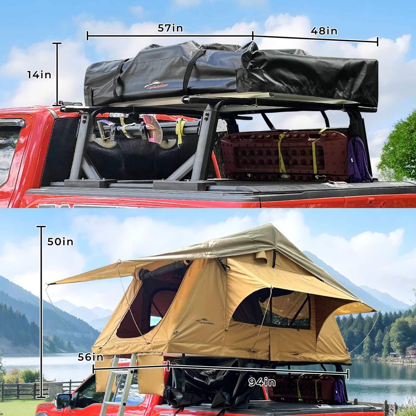 Rooftop Tent, 800D High Density Rip-Stop Waterproof with Telescopic Ladder Thick Mattress & LED Strip Light