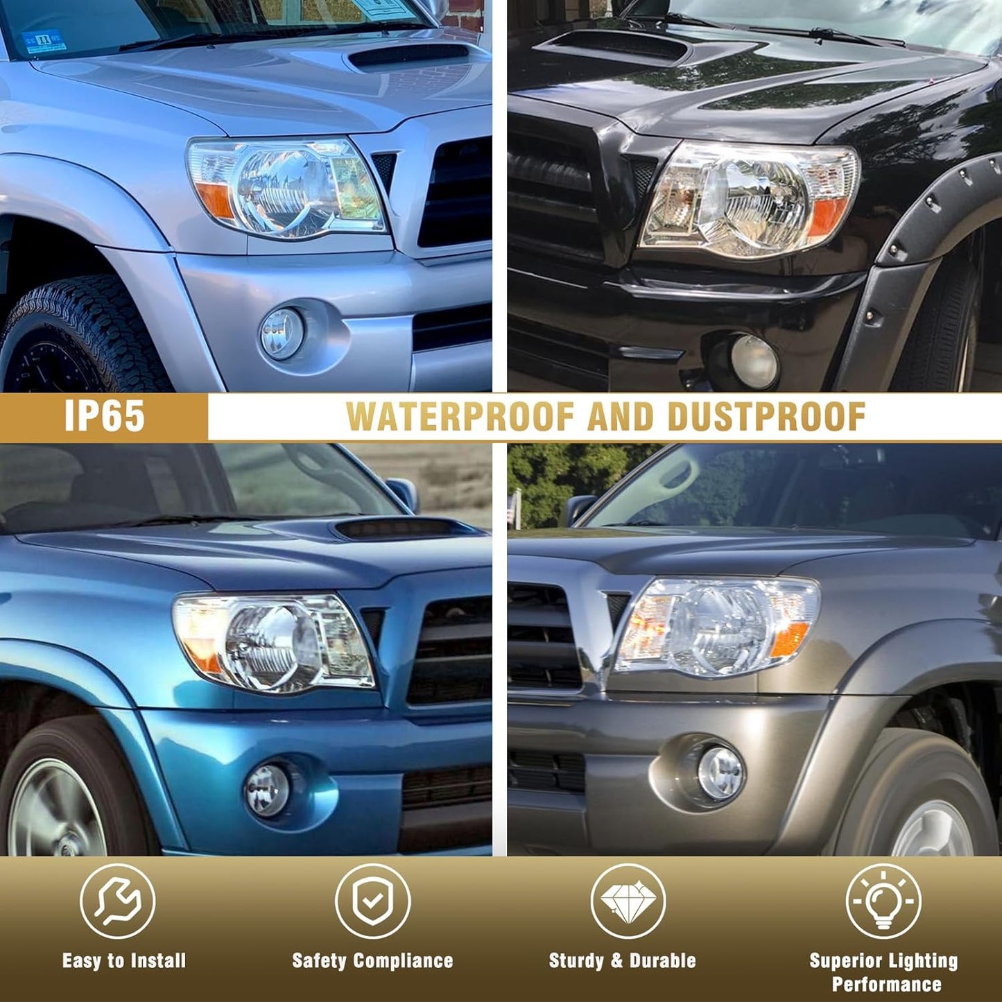 AS For Headlights 2005 2006 2007 2008 2009 2010 2011 Toyota Tacoma Driver and Passenger Side Headlamp Assembly Replacement Chrome Housing Amber Reflector