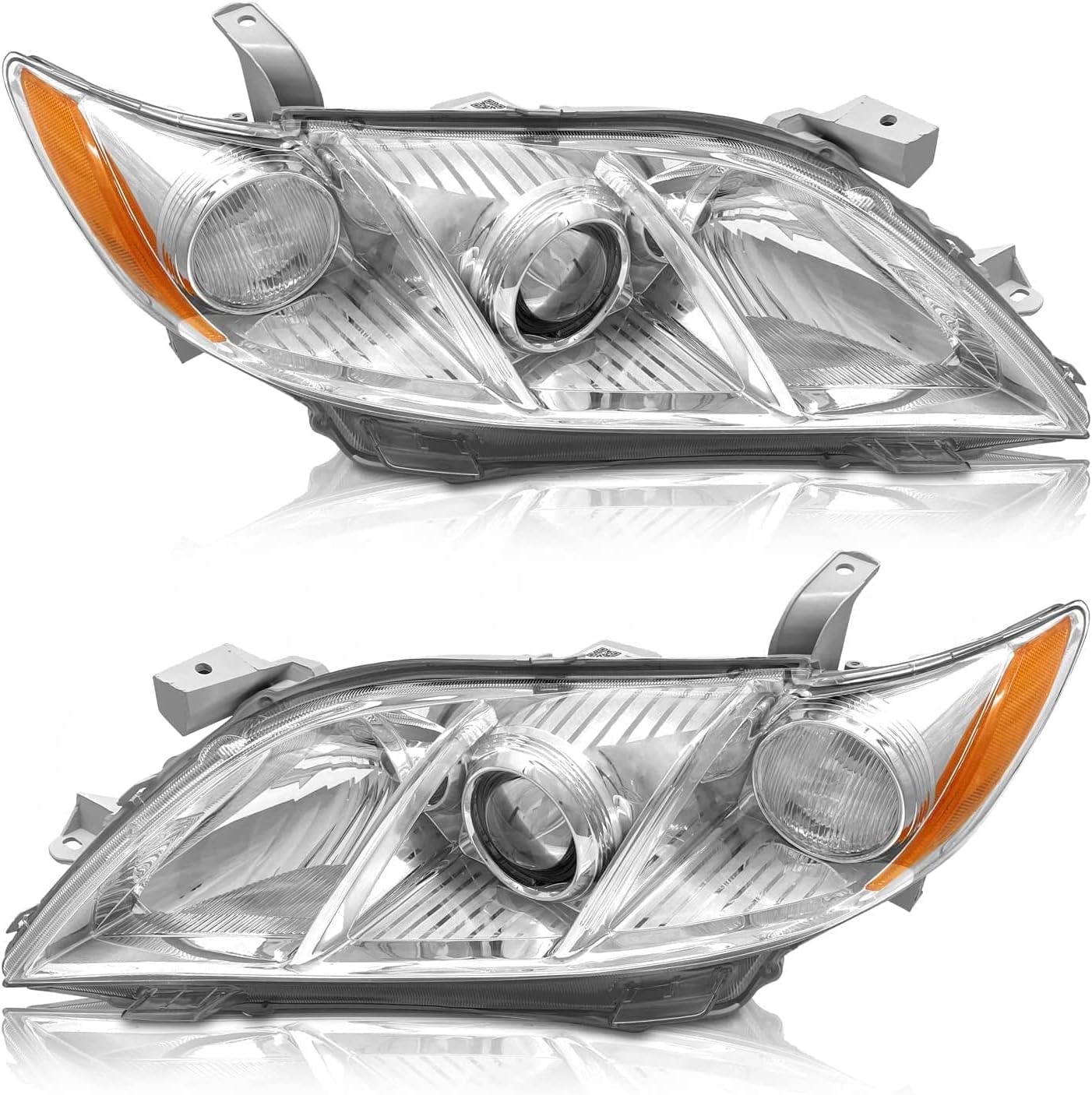 AS 2007 2008 2009 Toyota Camry Headlight Assembly Headlamps for 07 08 09 Camry Exclude Hybrid Projector Left and Right Pair - Chrome Housing Clear Len