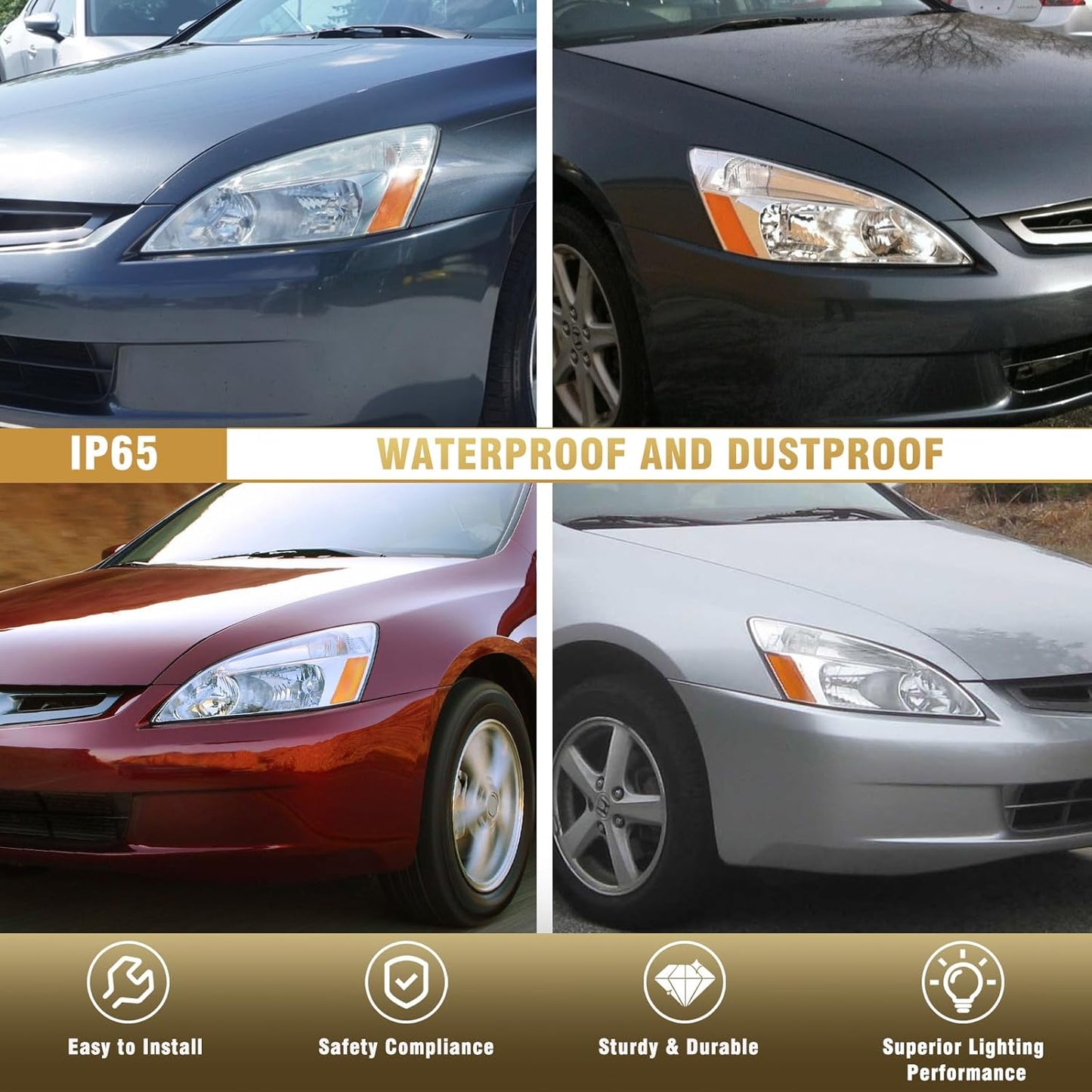 AS For 2003 2004 2005 2006 2007 Honda Accord Headlight Assembly Compatible with 2003 2004 2005 2006 2007 Accord Headlamp OE Replacement Chrome Housing Amber Reflector Pair