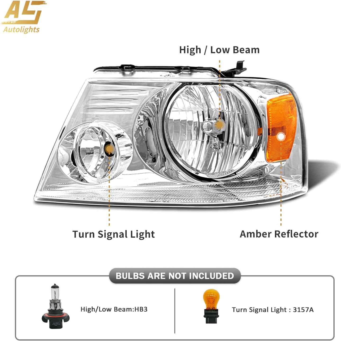 AS Headlight Assembly for 2004 2005 2006 2007 2008 Ford F150/ 2006 2007 2008 Lincoln Mark LT Headlamp with Chrome Housing Amber Reflector Driver and Passenger Side