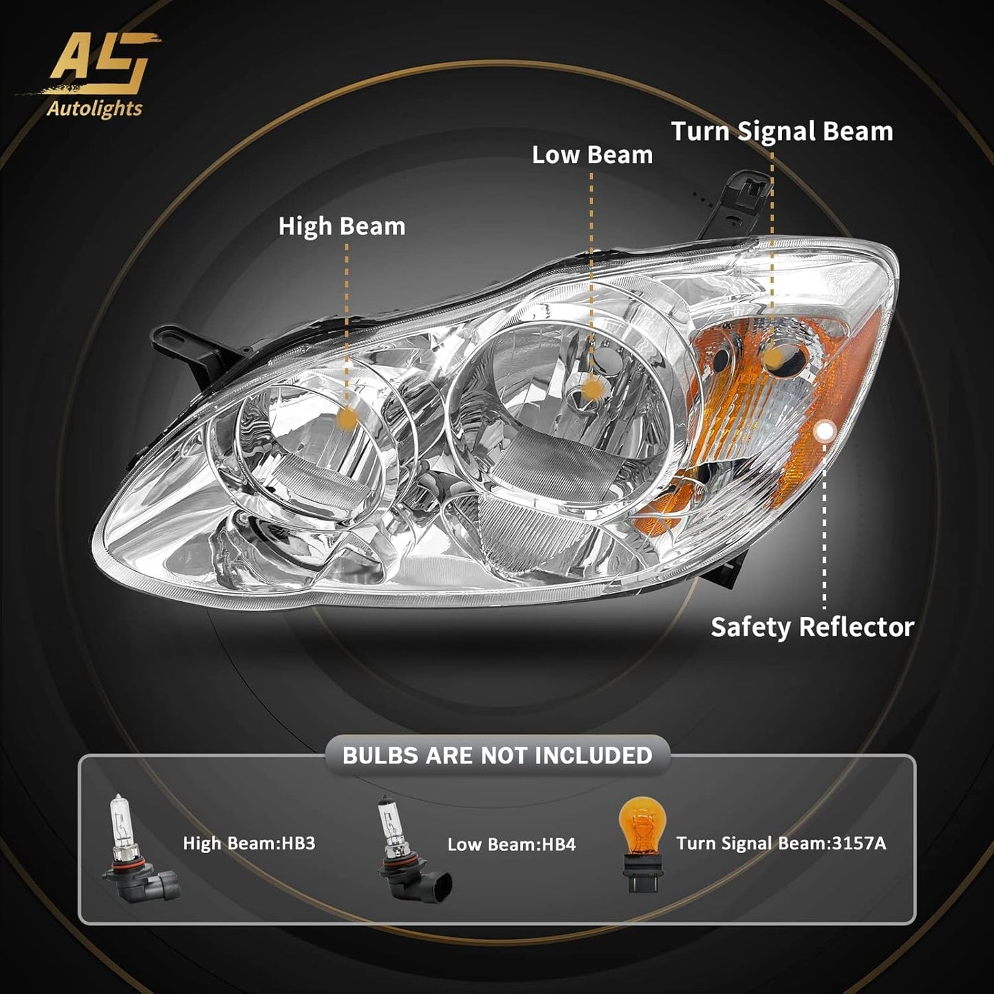 AS 2003 2004 2005 2006 2007 2008 Toyota Corolla Headlight Assembly Headlights for 03 04 05 06 07 08 Corolla Chrome Housing Amber Reflector Clear Lens Passenger Driver Pair