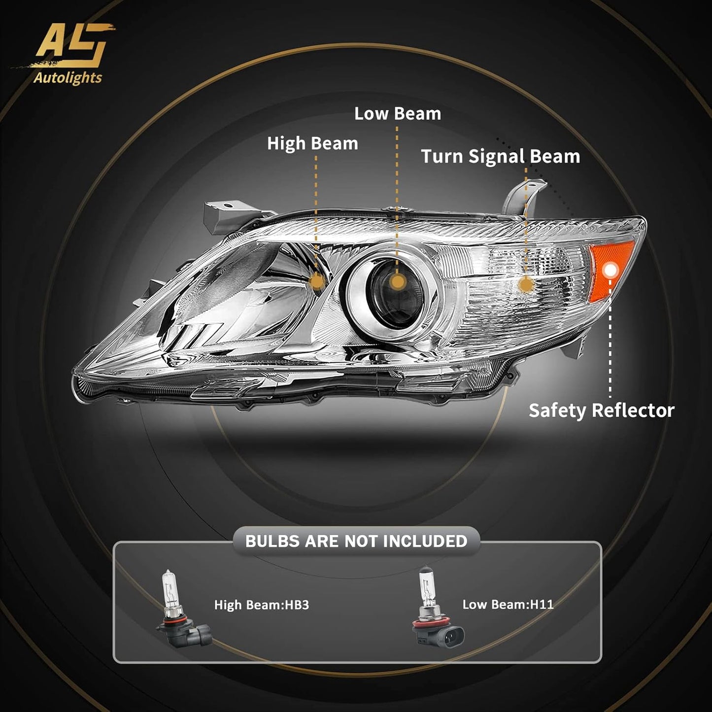 AS 2010 2011 Toyota Camry Headlight Assembly Replacement for 2010 2011 Toyota Camry Base/LE/XLE Sedan Projector Chrome Housing Amber Reflector Clear Lens Pai