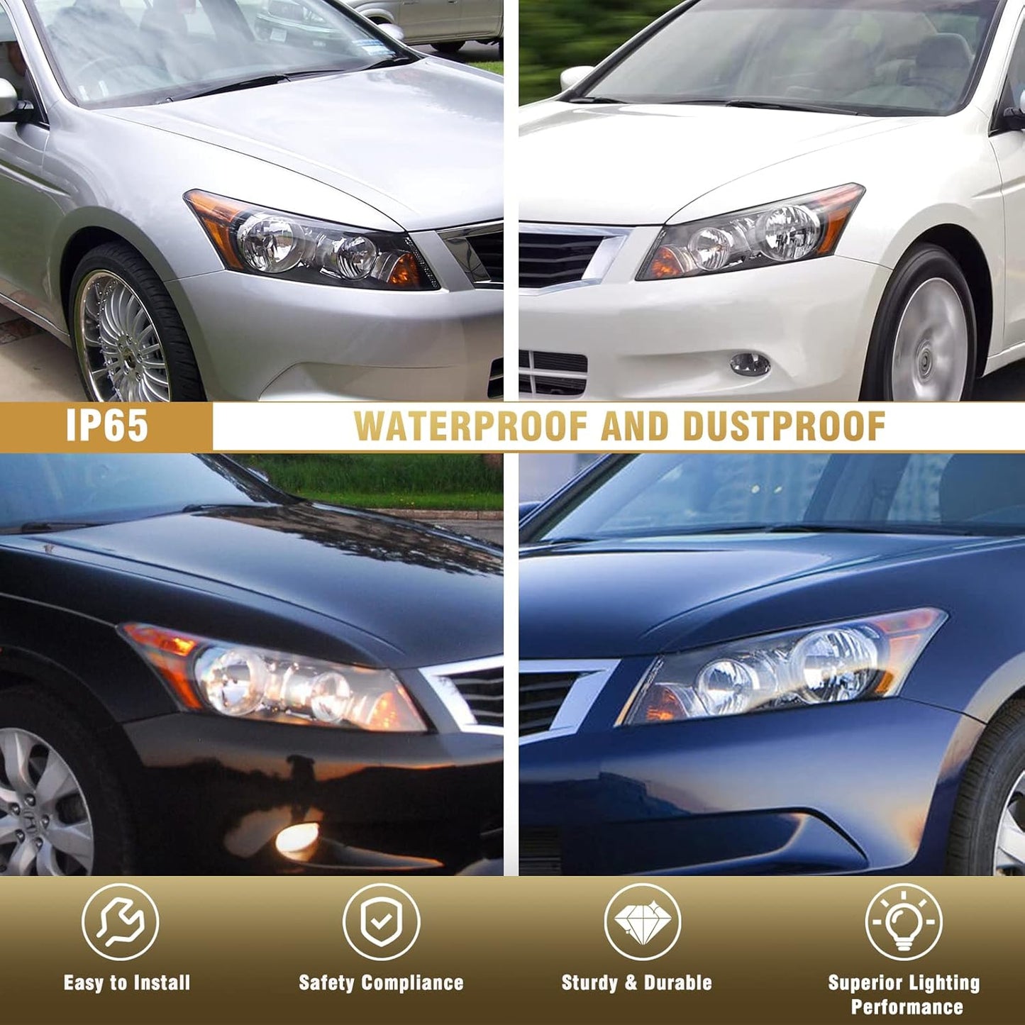AS Headlight Assembly for 2008 2009 2010 2011 2012 Accord 4dr Sedan Headlamps with Black Housing Clear Reflector Clear Lens Driver and Passenger Side