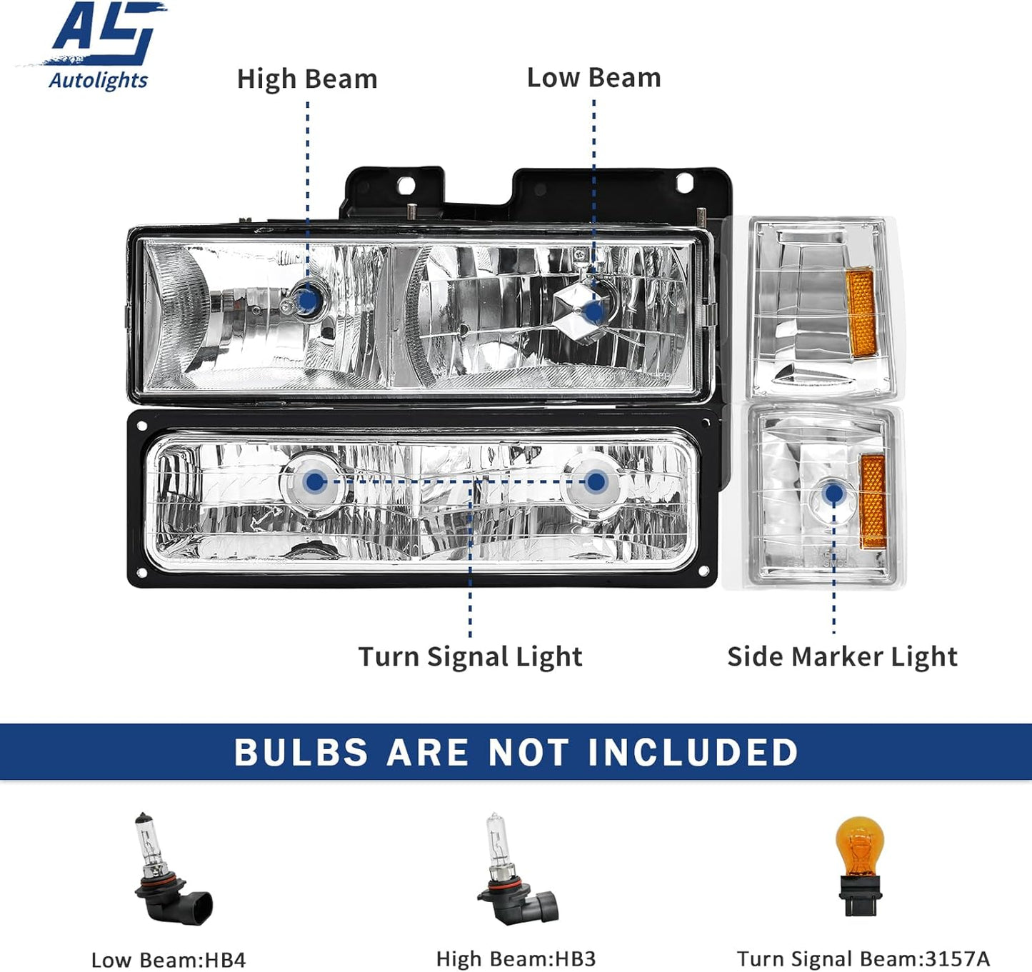 AS Headlight Assembly for 1994 - 1998 GMC C10 Pick Up Sierra Suburban Yukon Chrome Housing with Amber Reflector Headlamp Replacement