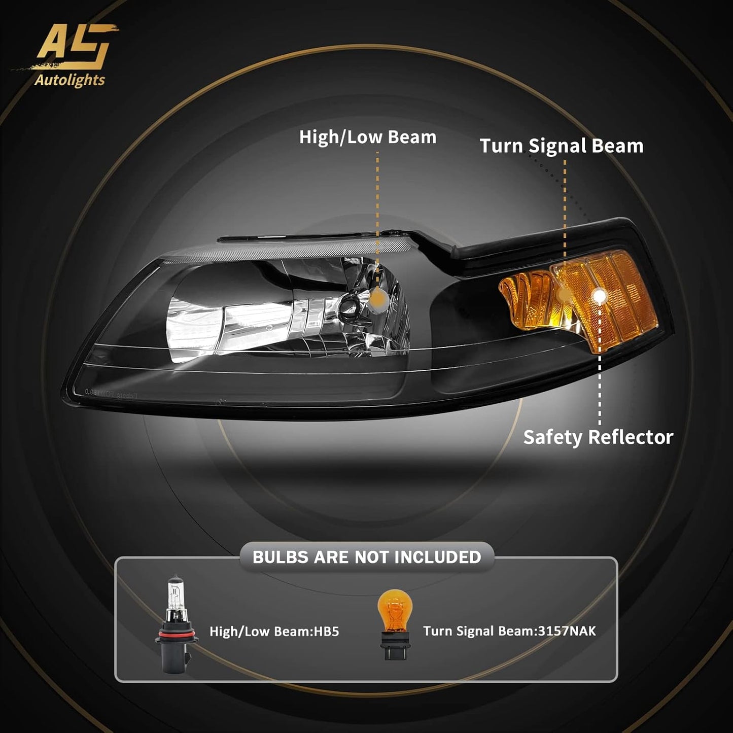 AS AUTOLIGHTS 1999 2000 2001 2002 2003 2004 Ford Mustang Headlight Assembly Replacement for 99 00 01 02 03 04 Ford Mustang with Black Housing Amber Reflector Clear Lens Pair 3R3Z13008CA/3R3Z13008DA
