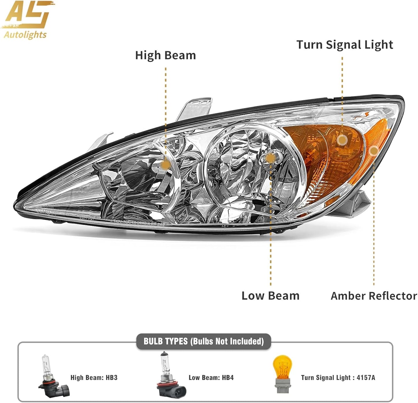 AS Headlight Assembly Compatible with 2002 2003 2004 TOYOTA CAMRY Headlight Chrome Housing Amber Reflector Clear Lens Driver and Passenger Side Pair Not Fit Solora Models