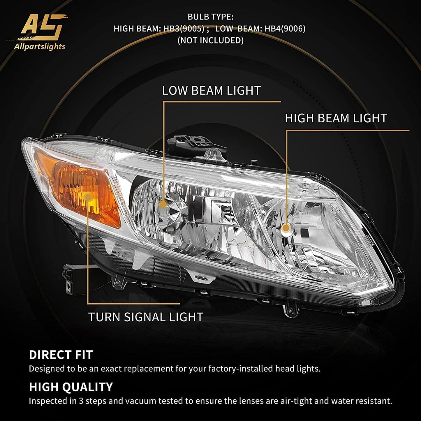 AS Headlight Assembly for 2012 2013 2014 2015 Honda Civic 4Dr Sedan/ 2012 2013 Honda Civic 2Dr Coupe Chrome Housing Passenger and Driver Side