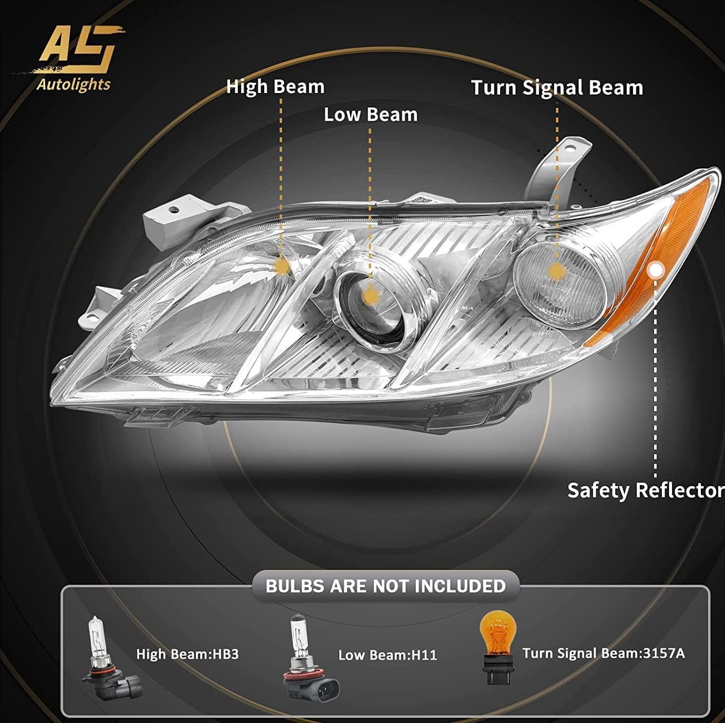 AS 2007 2008 2009 Toyota Camry Headlight Assembly Headlamps for 07 08 09 Camry Exclude Hybrid Projector Left and Right Pair - Chrome Housing Clear Len
