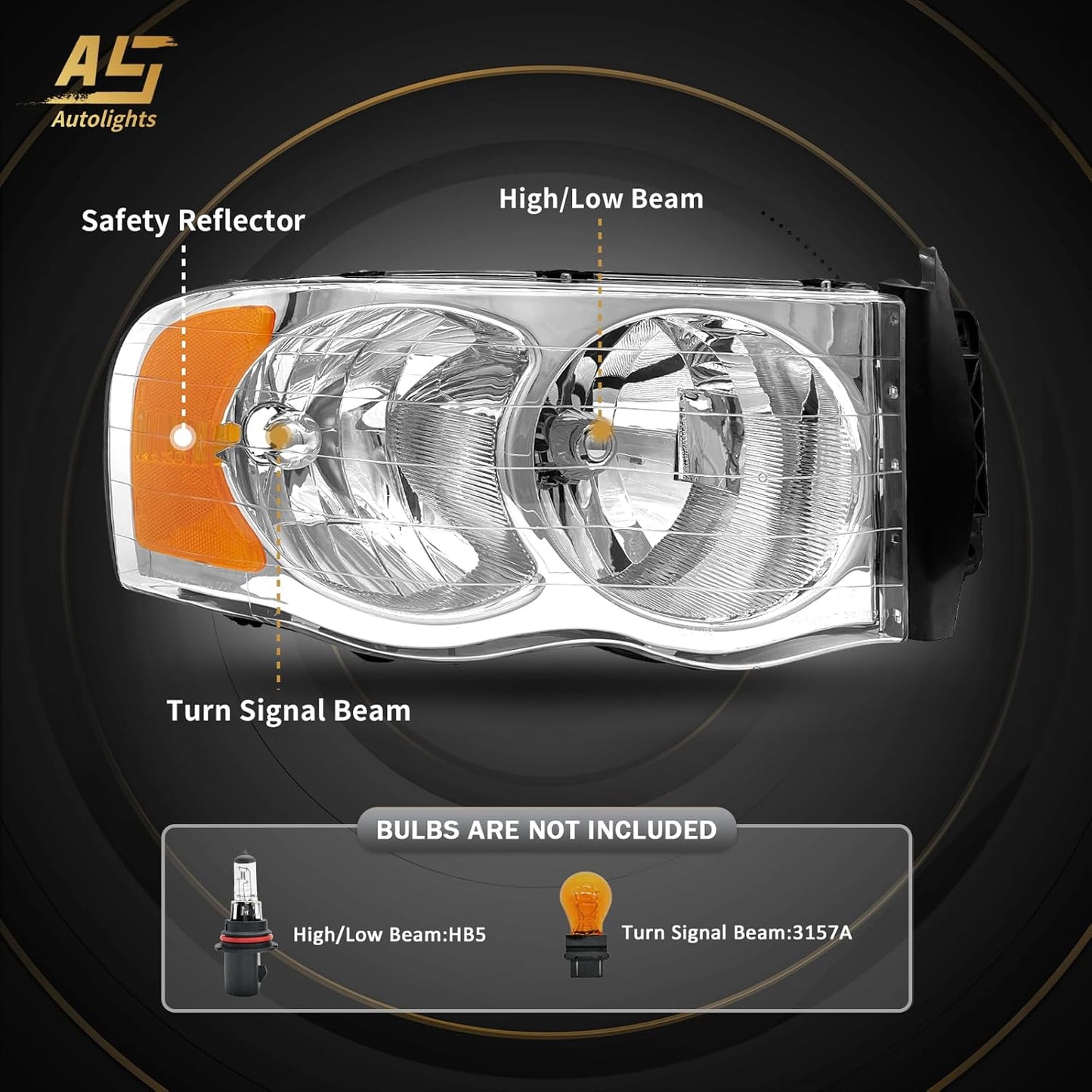 AS Headlights Assembly for 2002 2003 2004 2005 Dodge Ram 1500/03 04 05 Dodge Ram 2500/3500 Chrome Housing Amber Reflector Driver and Passenger Side Pair