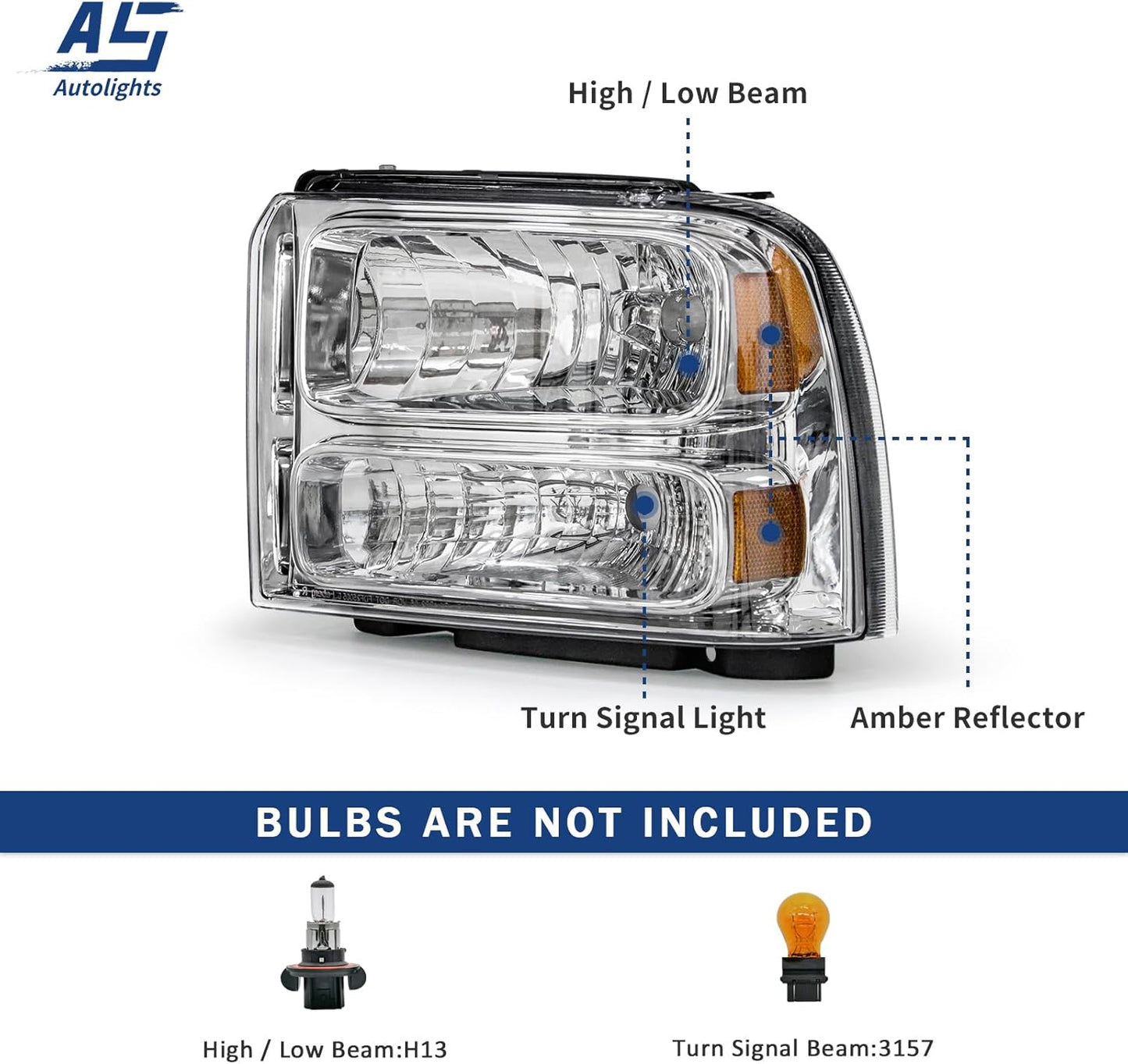 AS Headlight Assembly Compatible with 2005 2006 2007 05 06 07 Ford F250 F350 F450 F550 Headlamp Passenger & Driver Side, Chorme Housing with Amber Reflector