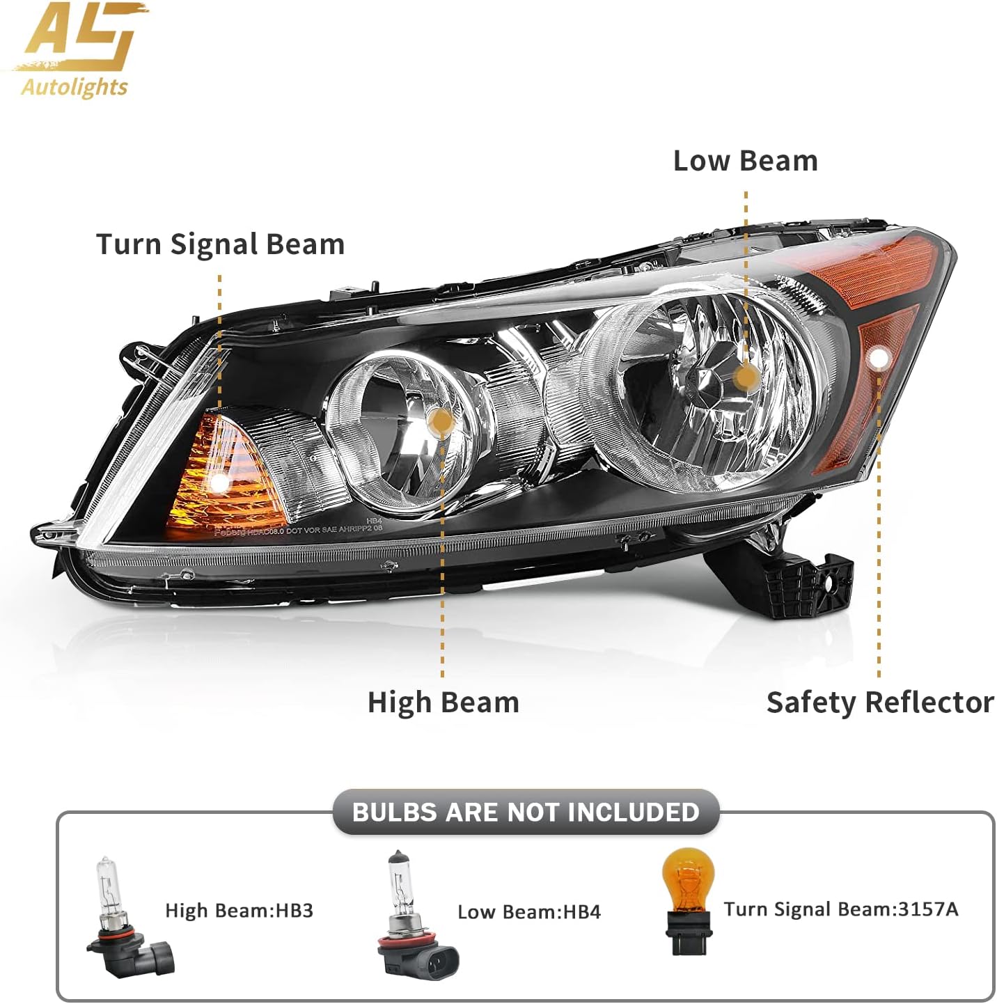 AS Headlight Assembly for 2008 2009 2010 2011 2012 Accord 4dr Sedan Headlamps with Black Housing Clear Reflector Clear Lens Driver and Passenger Side