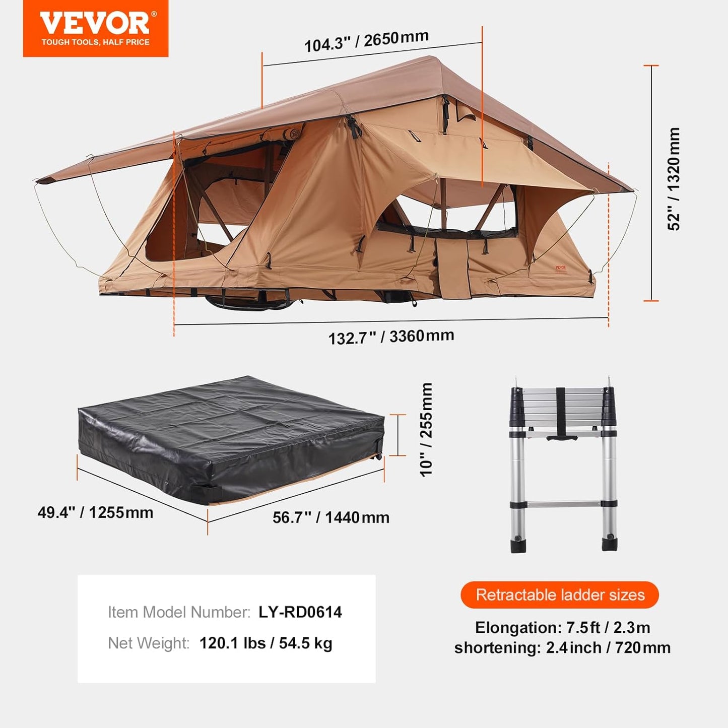 Rooftop Tent for SUV & Truck Camping – 800D Waterproof, Quick-Setup Design with Telescopic Ladder & LED Lighting for 2-3 Person Family Adventures