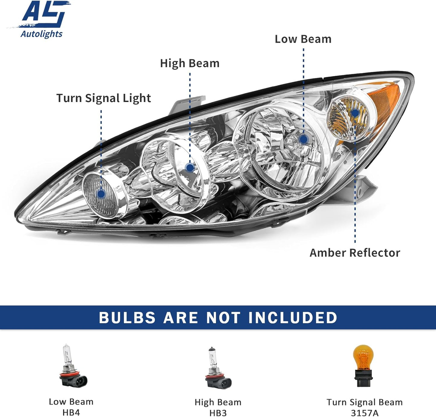 AS Headlights Assembly Compatible with 2005 2006 Toyota Camry Headlamp with Chrome Housing Amber Reflector Driver and Passenger Side (NOT FIT Solara Models)
