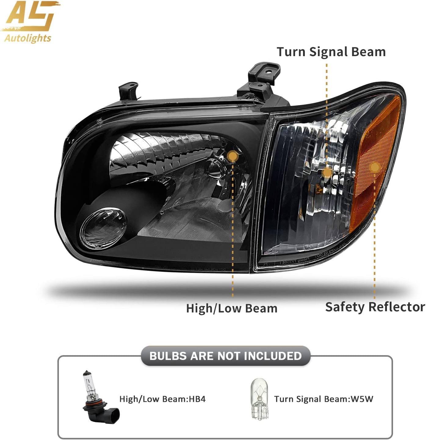 AS Headlight Assembly Compatible with 2005 2006 Toyota Tundra / 2005 2006 2007 Sequoia Clear Lens Black Housing with Amber Reflector Left and Right Pair