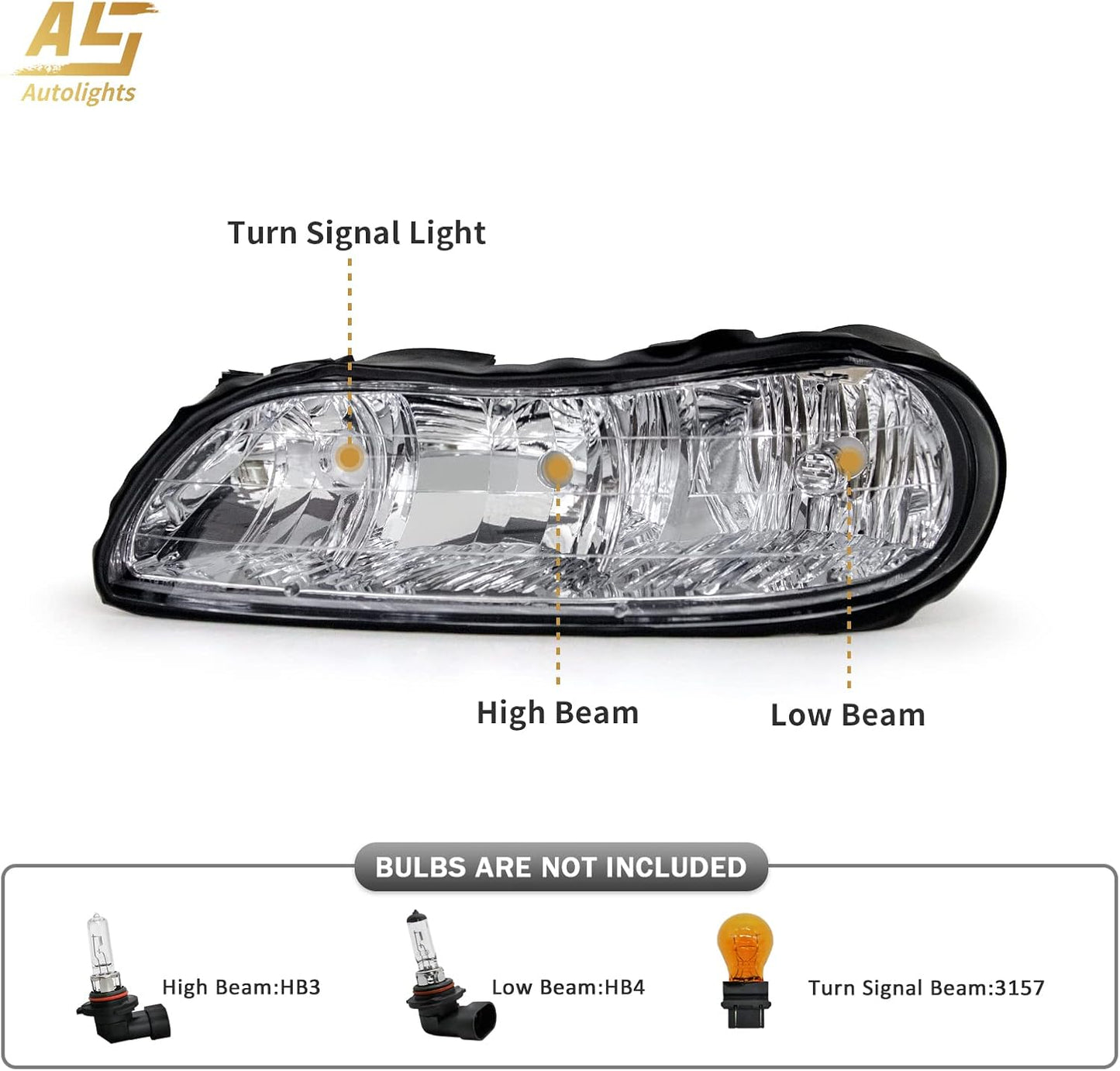 AS Headlight Assembly For 1997-2003 Chevy Malibu /2004-2005 Chevy Classic/1997-1999 Oldsmobile Cutlass Headlights Headlamp Chrome Housing Passenger and Driver Side