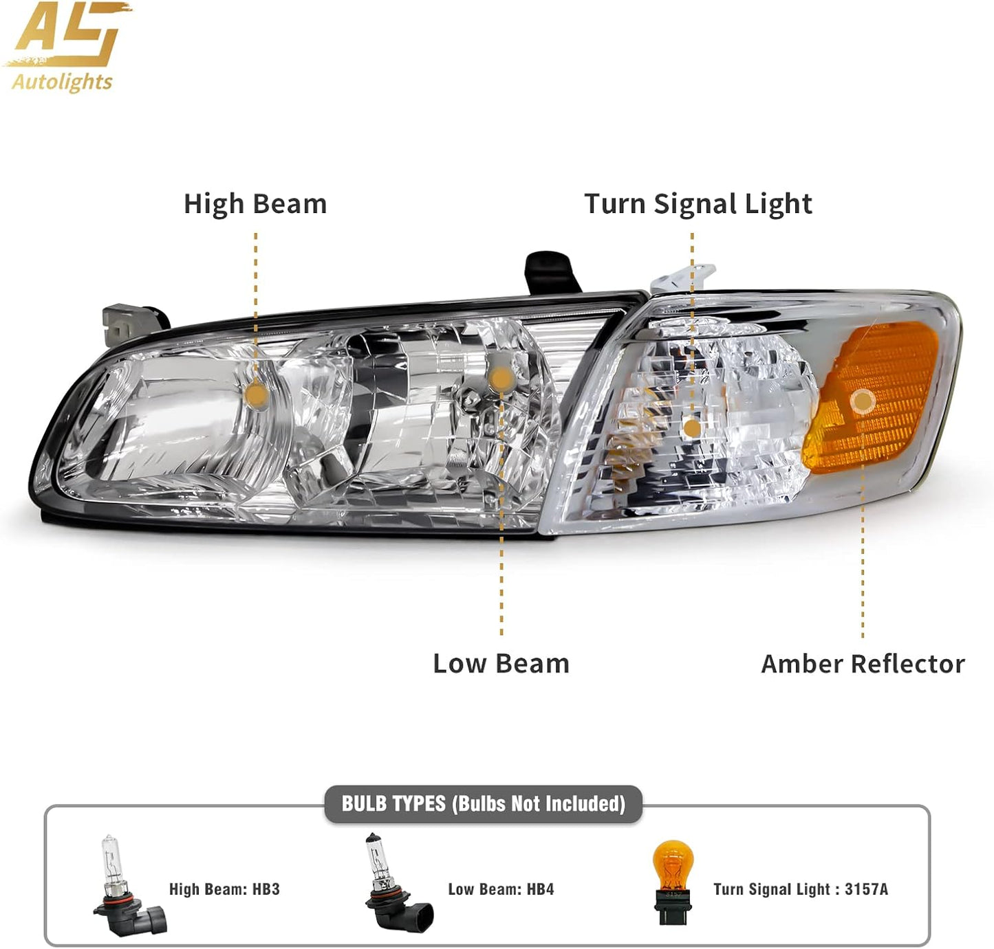 AS Headlight Assembly Compatible with 2000-2001 TOYOTA CAMRY Headlamp Chrome Housing Amber Reflector Clear Lens Driver and Passenger Side