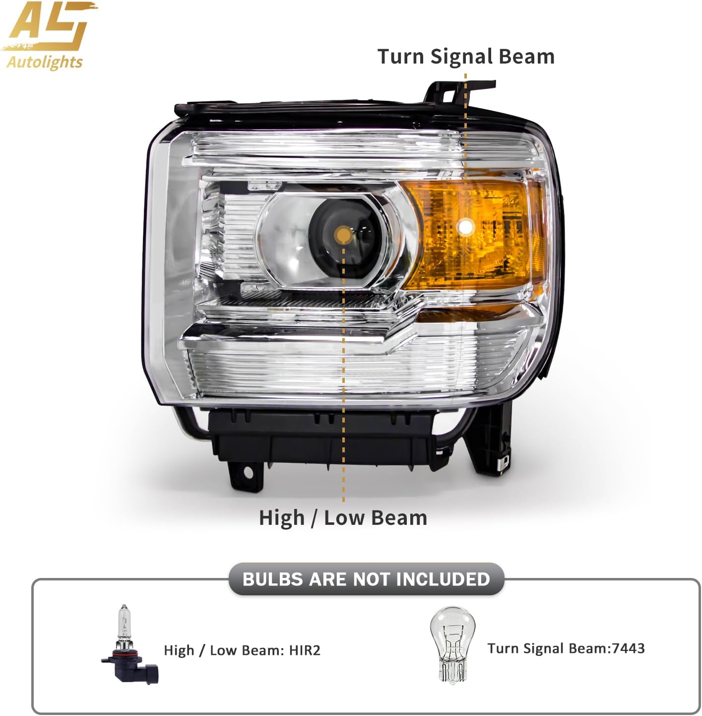 AS Headlight Assembly for 2014-2018 GMC Sierra 1500HD/ 2015-2019 GMC Sierra 2500HD/ 3500HD Base/Denali/SLE/SLT Headlights Without LED Daytime Running lights with Chrome Housing Amber Reflector
