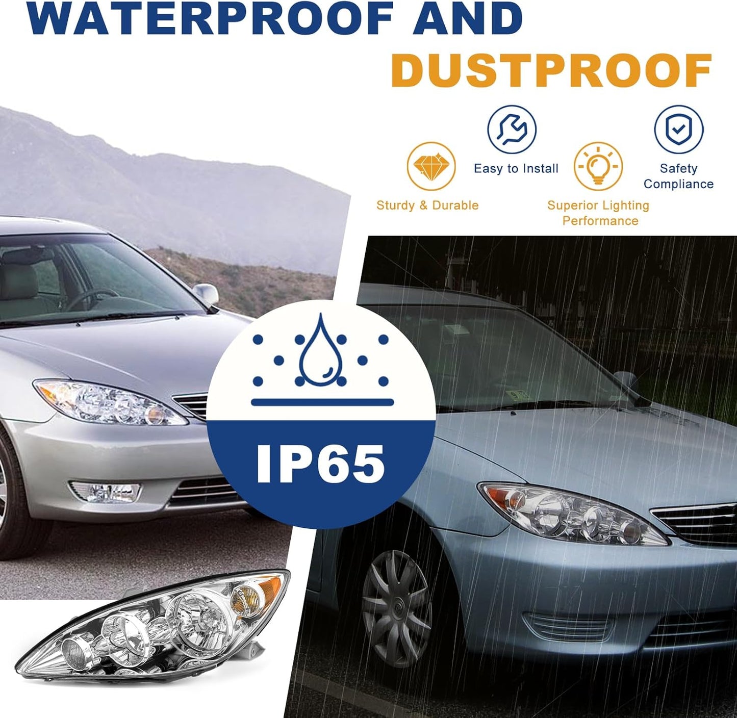 AS Headlights Assembly Compatible with 2005 2006 Toyota Camry Headlamp with Chrome Housing Amber Reflector Driver and Passenger Side (NOT FIT Solara Models)